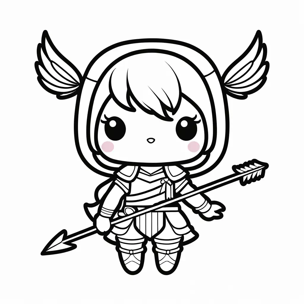 cute artimis with bow and arrow shield kawaii style, Coloring Page, black and white, line art, white background, Simplicity, Ample White Space. The background of the coloring page is plain white to make it easy for young children to color within the lines. The outlines of all the subjects are easy to distinguish, making it simple for kids to color without too much difficulty