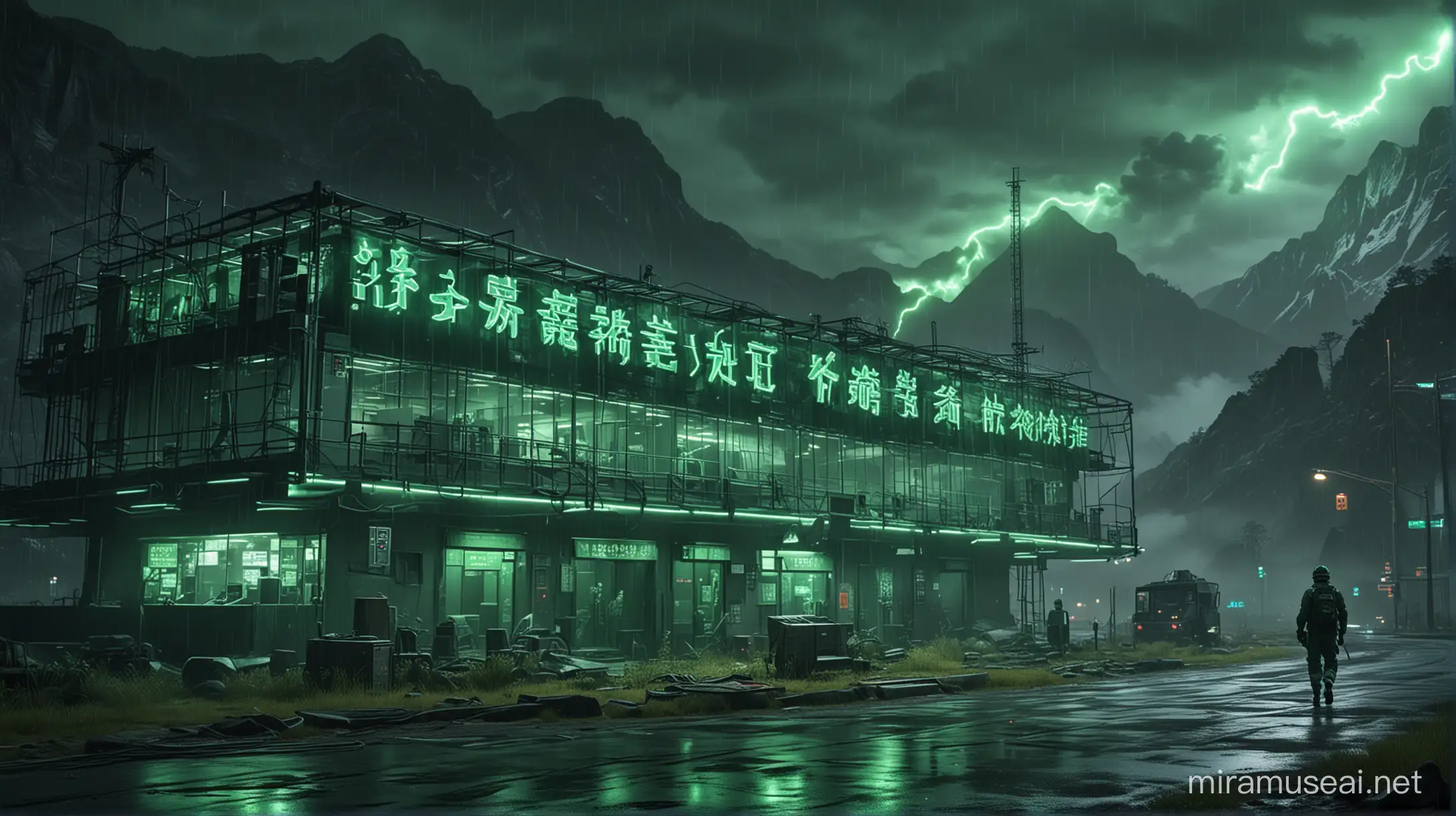 Futuristic Research Center Illuminated by Vibrant Green Neon Lights in Rainy Weather
