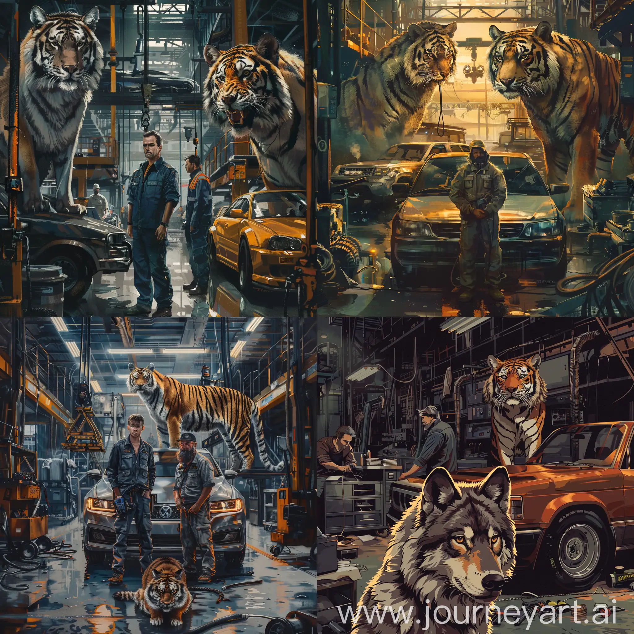 前有狼，后有老虎，中间是汽车修理师傅。场景在汽车修理厂中，画面是平行构图。