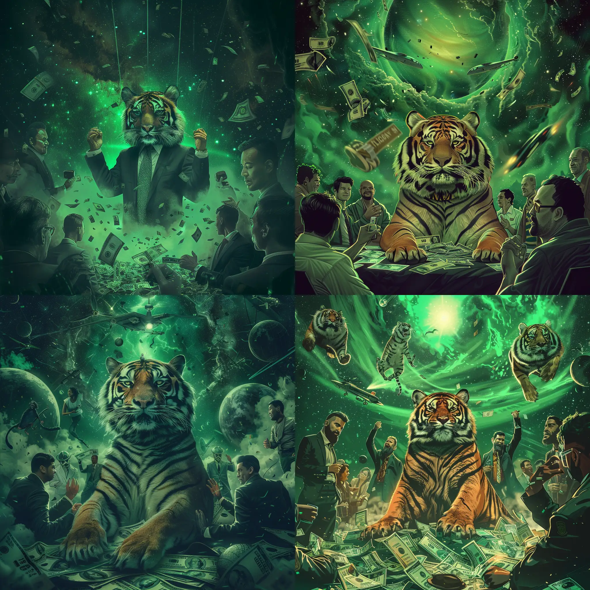 Fortune Tiger in a galaxy with lots of money and happy people around him Digital art style with a green tone with high detail in a cartoon-like style, soft lighting, movie poster, digital art, 3 mafia mans,. A dark atmosphere is depicted.--ar 16:9 --v 6.0