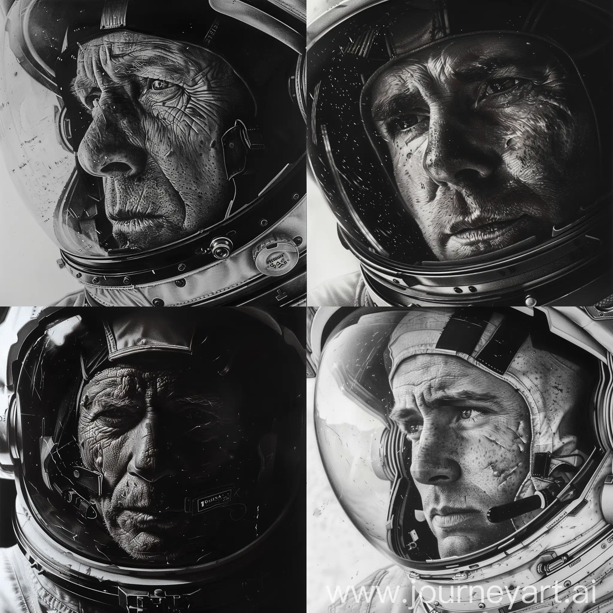 portrait of an man, astronaut in a helmet, face rough and with small wrinkles, photorealism, photography. drawing details
