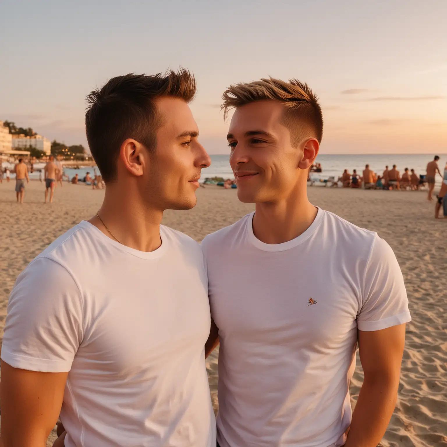 gay couple on holiday, looking away from the camera at eh sunset, they are in a bech club environment