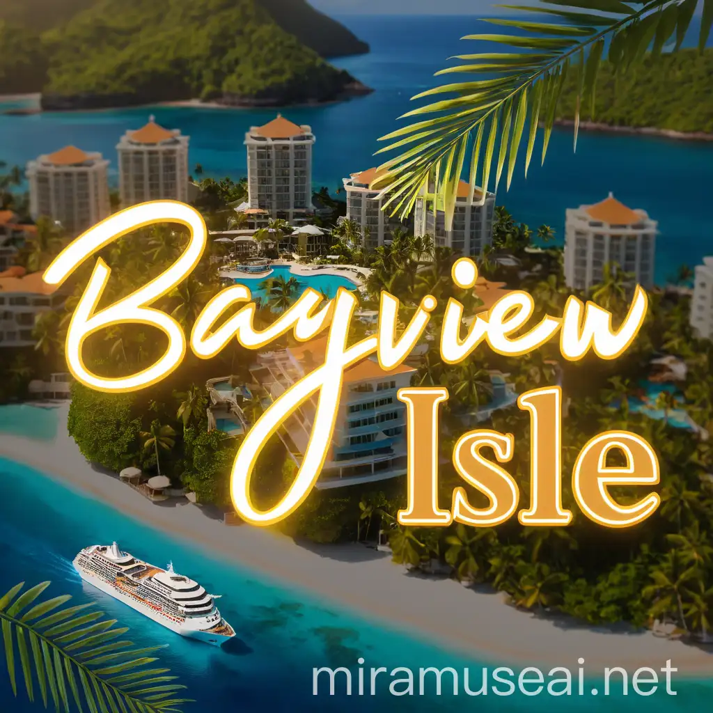 Make a cool profile logo with the name “Bayview ISLE” in the middle and a luxurious resort island in the background, and a Cruise in the ocean.