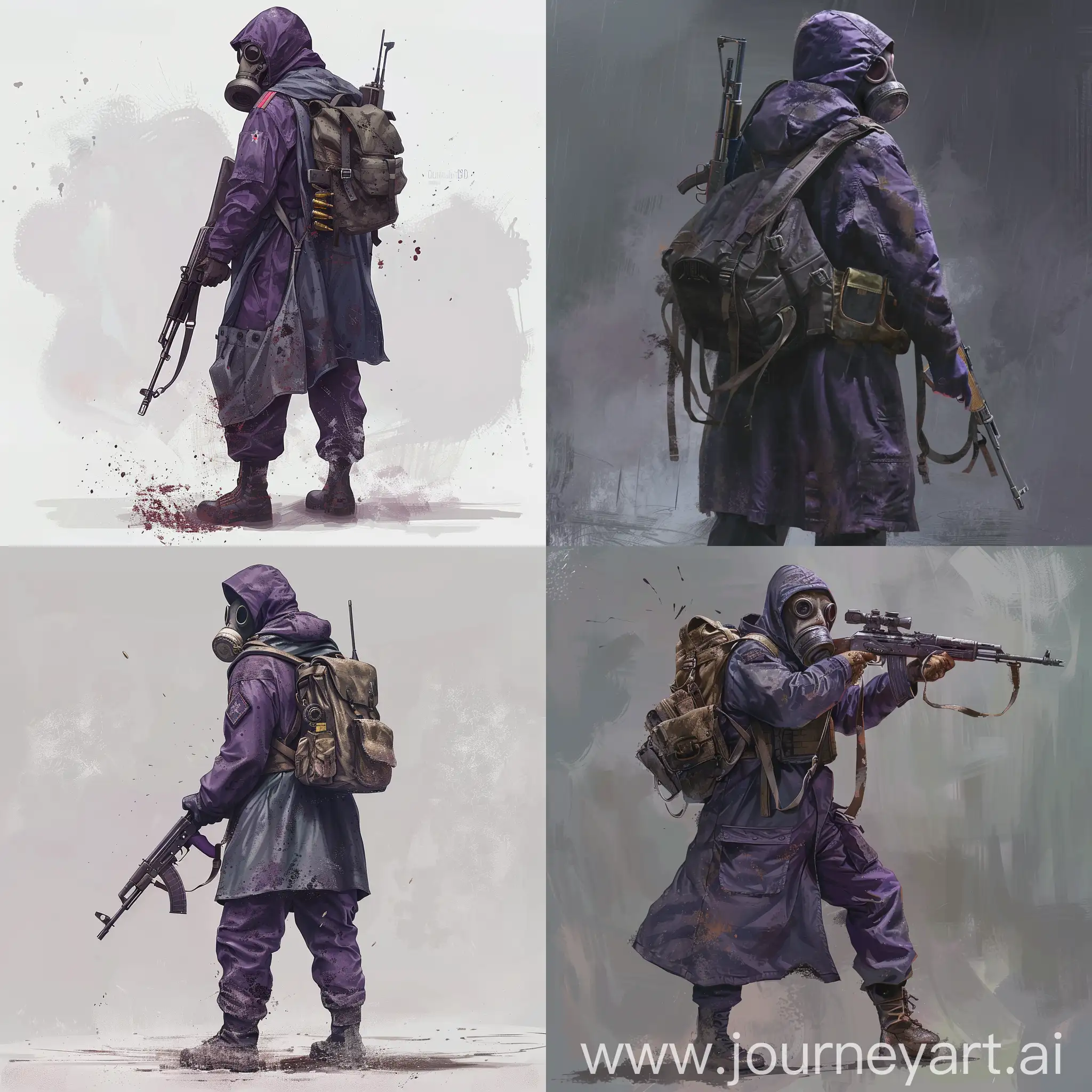 Concept character art, 80s soldier, dark purple military jumpsuit, dirty gray raincoat, gasmask on his face, small military backpack on the back, military unloading on his body, ussr sniper rifle SVD in his hands.