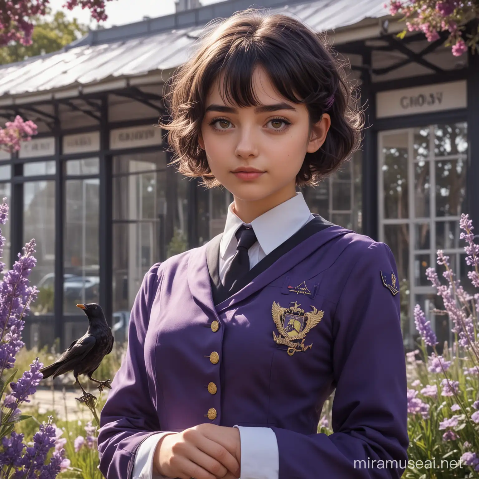 a girl, reader, wears a lavander school uniform, have gold badge in uniform, short hair, wavy hair, dark violet hair, shy personality, expressive eyes,  glass pavillion as background, flowers and crows, dawn view, university, whole body dress uniform