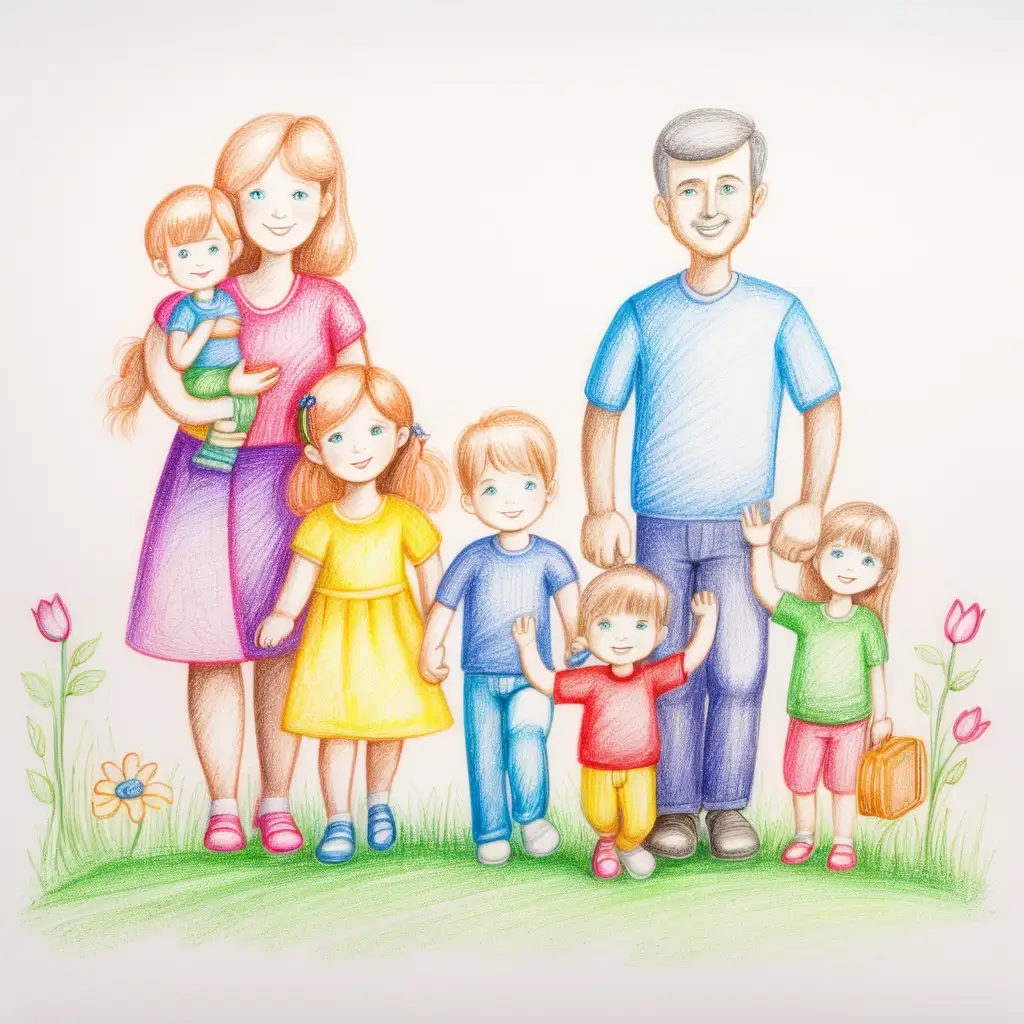 childrens drawing of family, pencil drawing  colourful