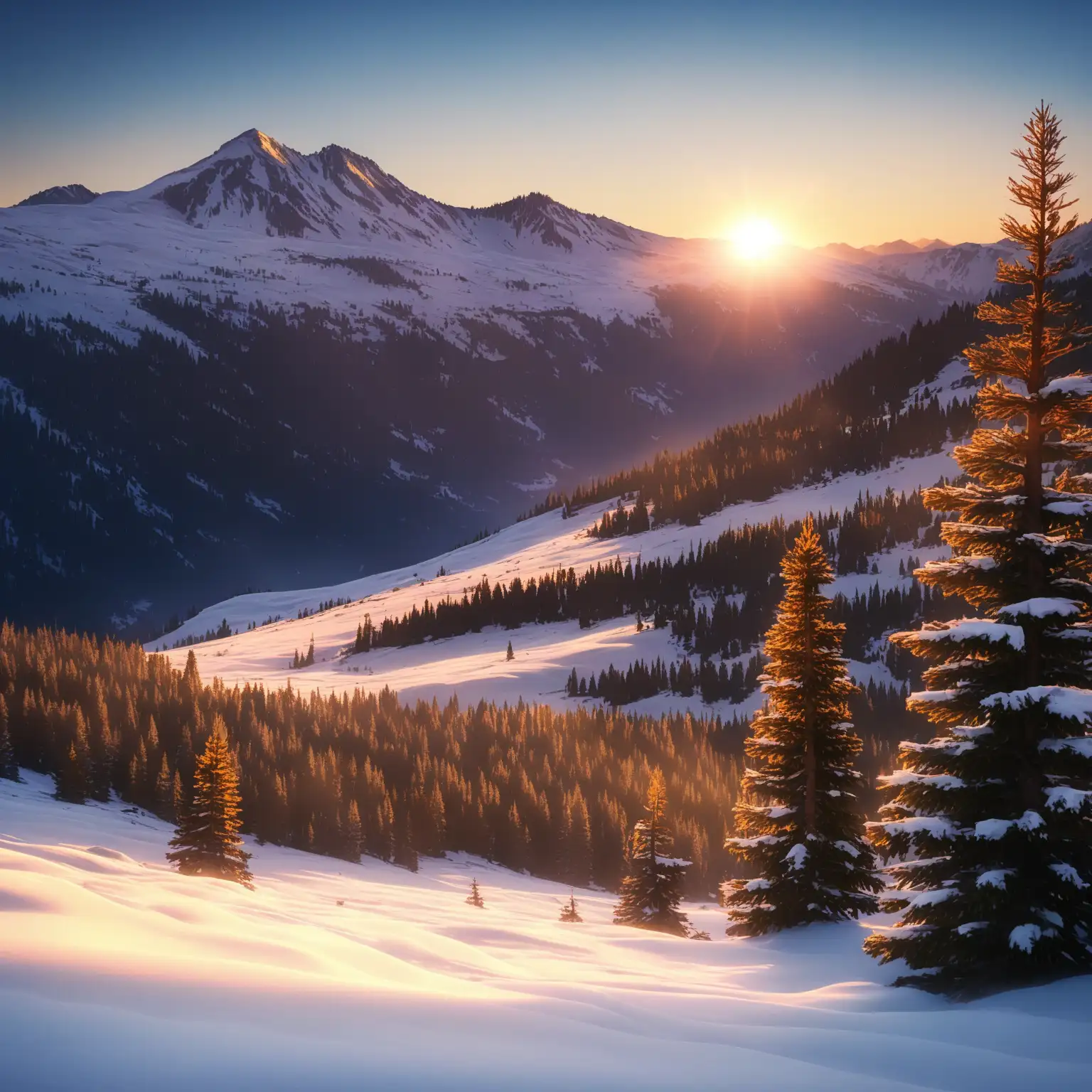 Serene Sunrise in Snowy Mountain Valley with Pine Trees