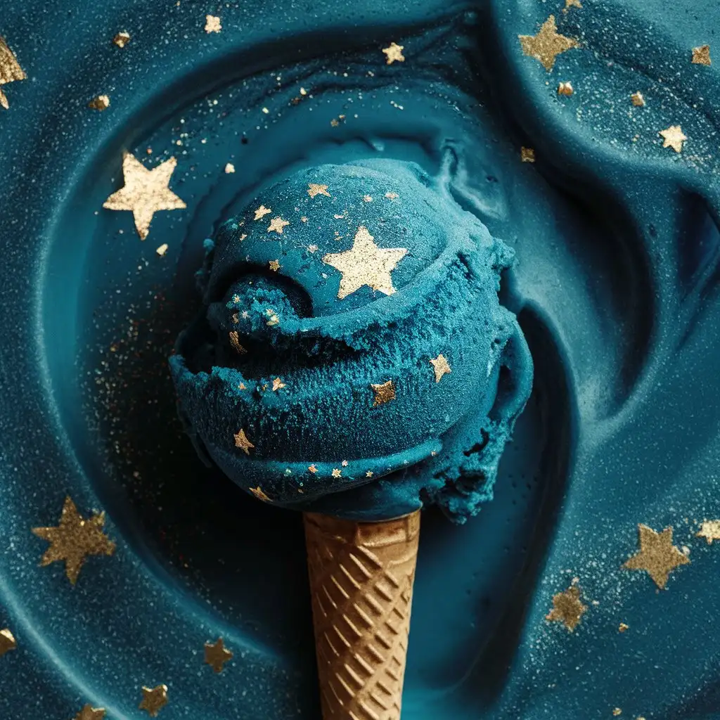 利用天然食材调制出深蓝色的冰淇淋基底，上面点缀着闪亮的食用金箔和星星状的糖粒，整个冰淇淋宛如夜空中闪烁的银河，梦幻而神秘，每一口都像是探索宇宙的奇妙旅程。