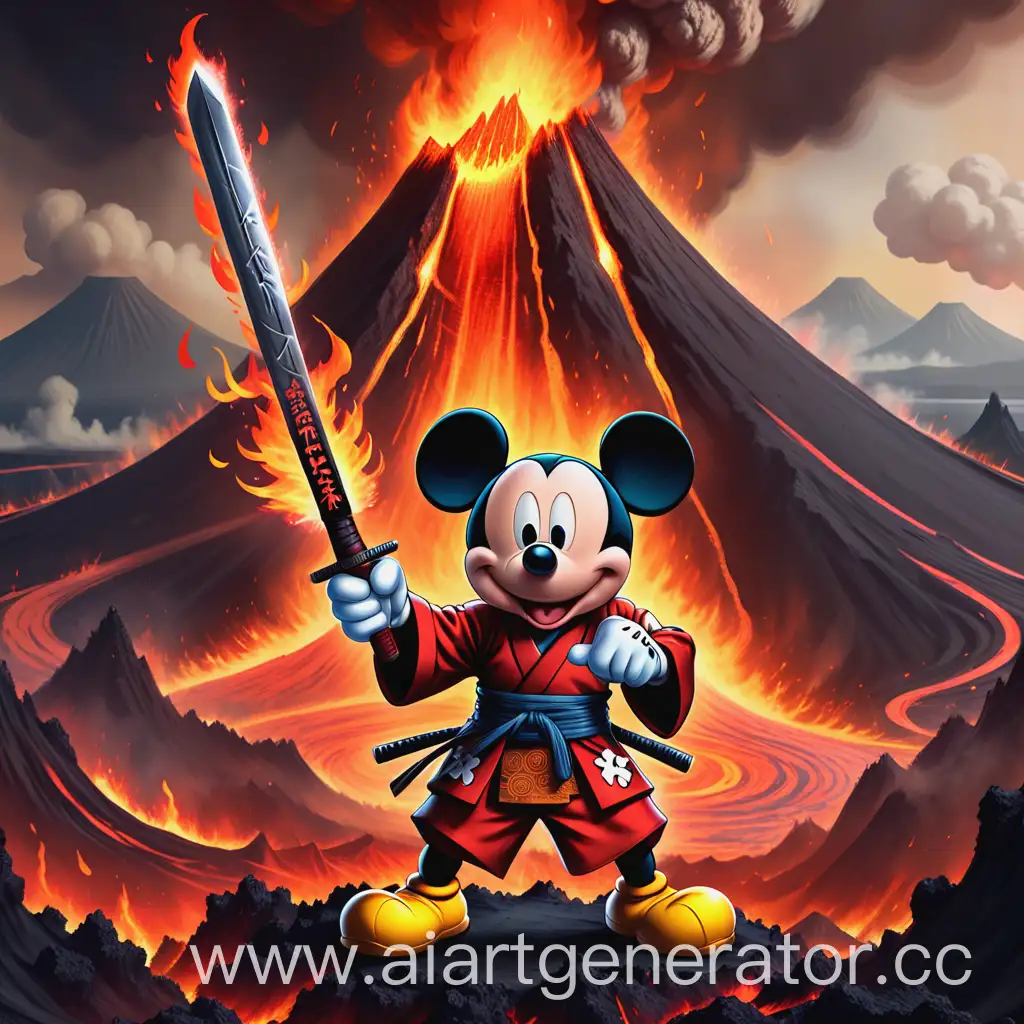 Микки Маус в костюме самурая держит в руках пламенный меч, он стоит в центре извергающегося вулкана, на заднем фоне горит надпись CRYPTO CHEG1 COPY TRADING