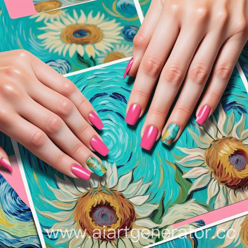 Van-Gogh-Style-Manicure-Pedicure-Postcards-with-Bright-Pink-and-Turquoise-Colors