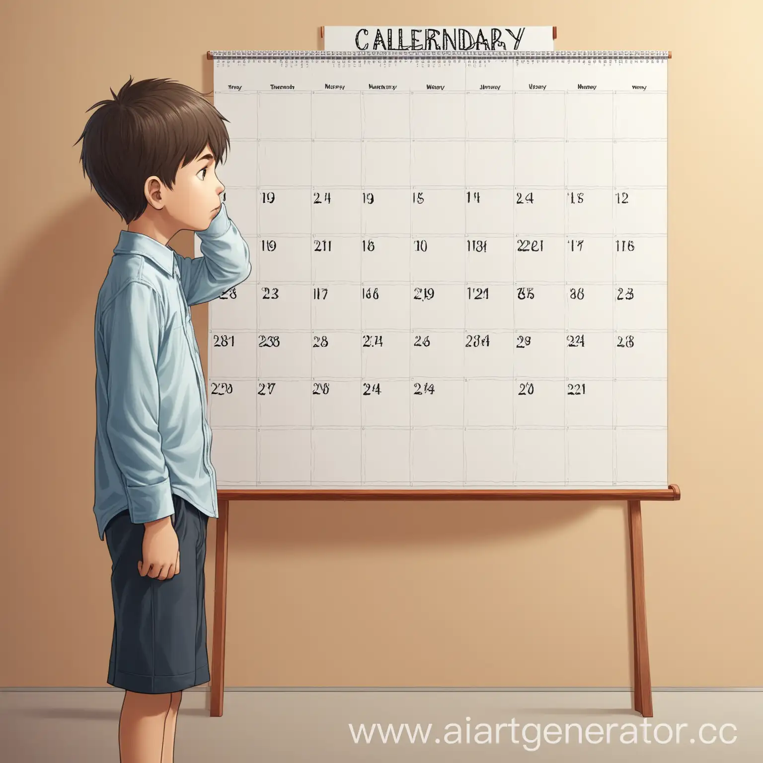 Boy-Standing-Near-Big-Calendar-Lost-in-Thought