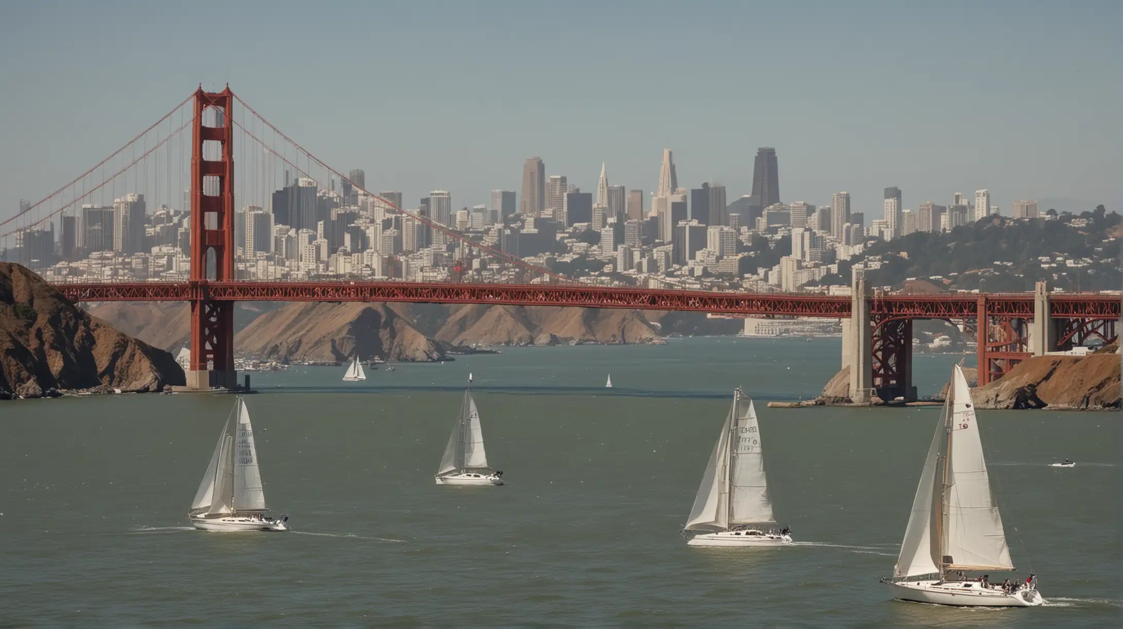 Golden Gate Bridge Overlooking San Francisco Bay with High Rises and Yacht on a Sunny Summer Day