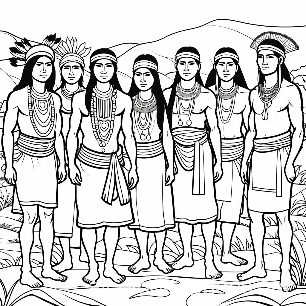guarani 
native 
people of brasil, coloring book page, black and white, whole body (feet hand visible), Coloring Page, black and white, line art, white background, Simplicity, Ample White Space. The background of the coloring page is plain white to make it easy for young children to color within the lines. The outlines of all the subjects are easy to distinguish, making it simple for kids to color without too much difficulty
