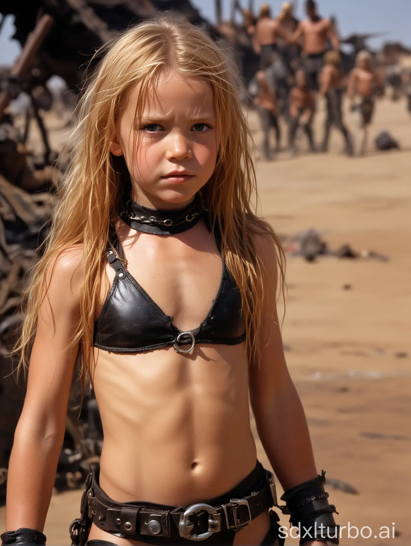 8 year old girl, leather bikini, choker, long ginger hair, exteremely muscular abs, in Mad Max Beyond Thunderdome