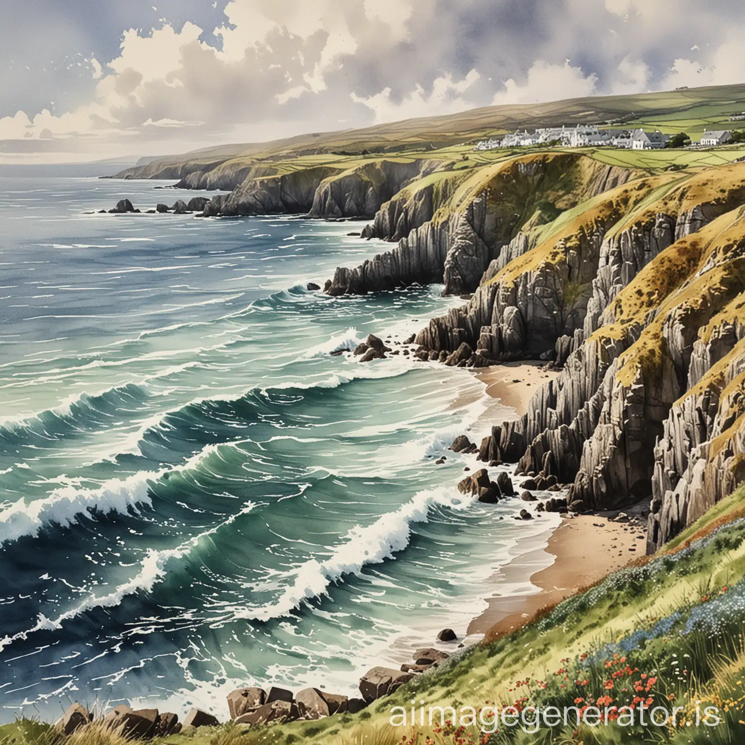 Beautiful watercolour picture of the Irish coastline 