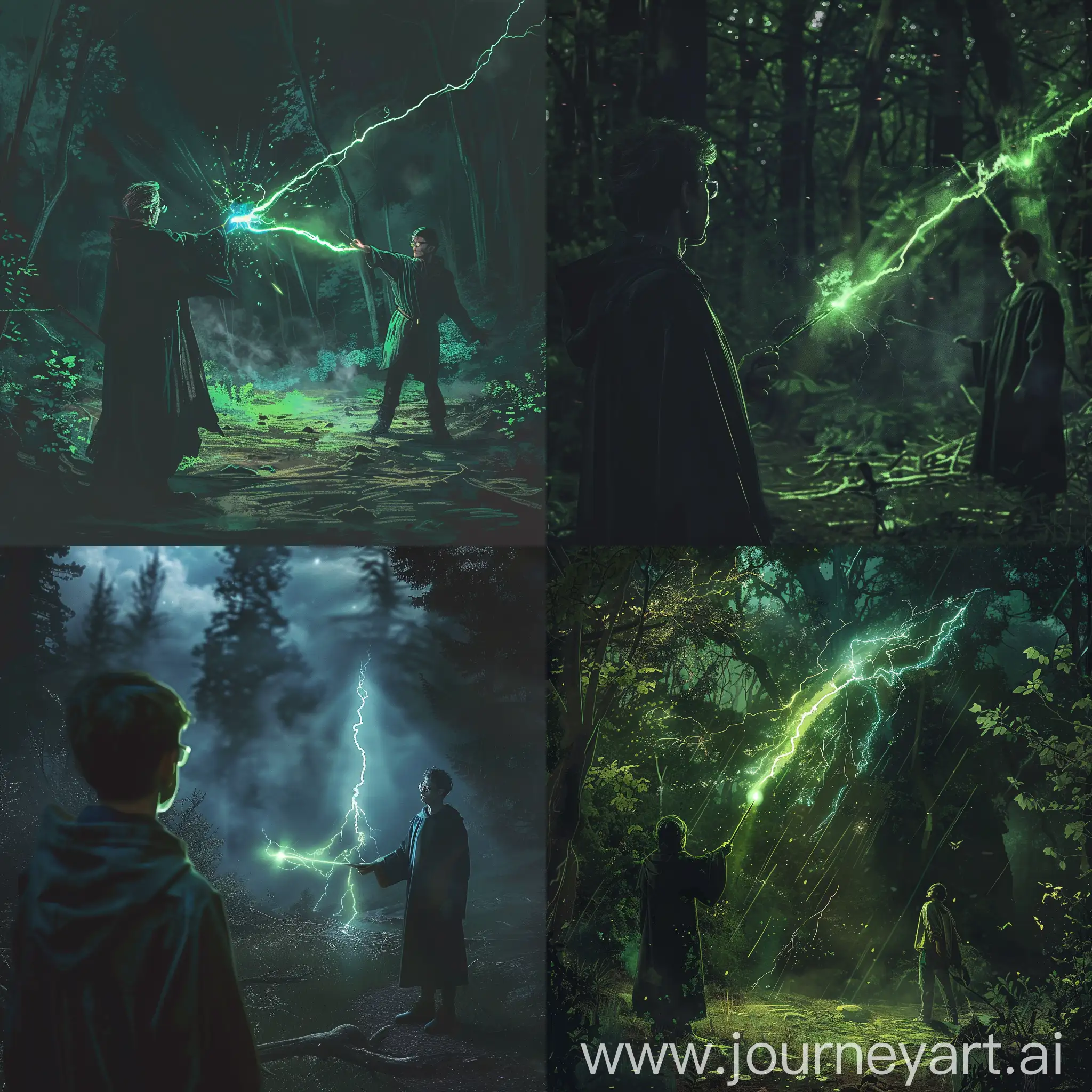 in a clearing in a close night forest there is a dark wizard pale gray skin red eyes dressed in a black robe shooting green lightning from his magic wand at a young man of seventeen years old standing in the distance 15-20 meters away wearing round glasses with a lightning scar on his forehead. epic lighting