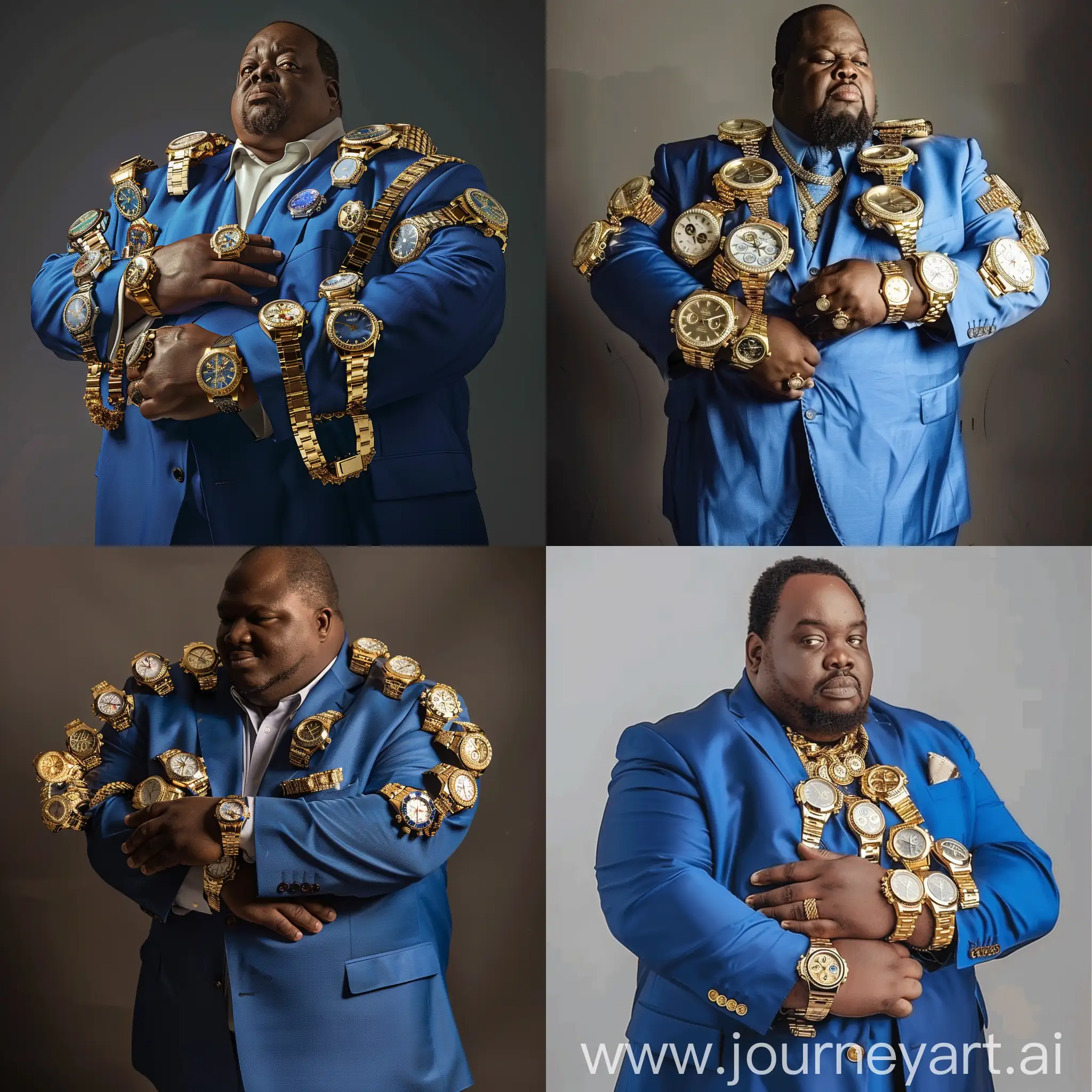 сгенерируй толстого и очень богатого мужчину в синем костюме и с обилием золотых часов