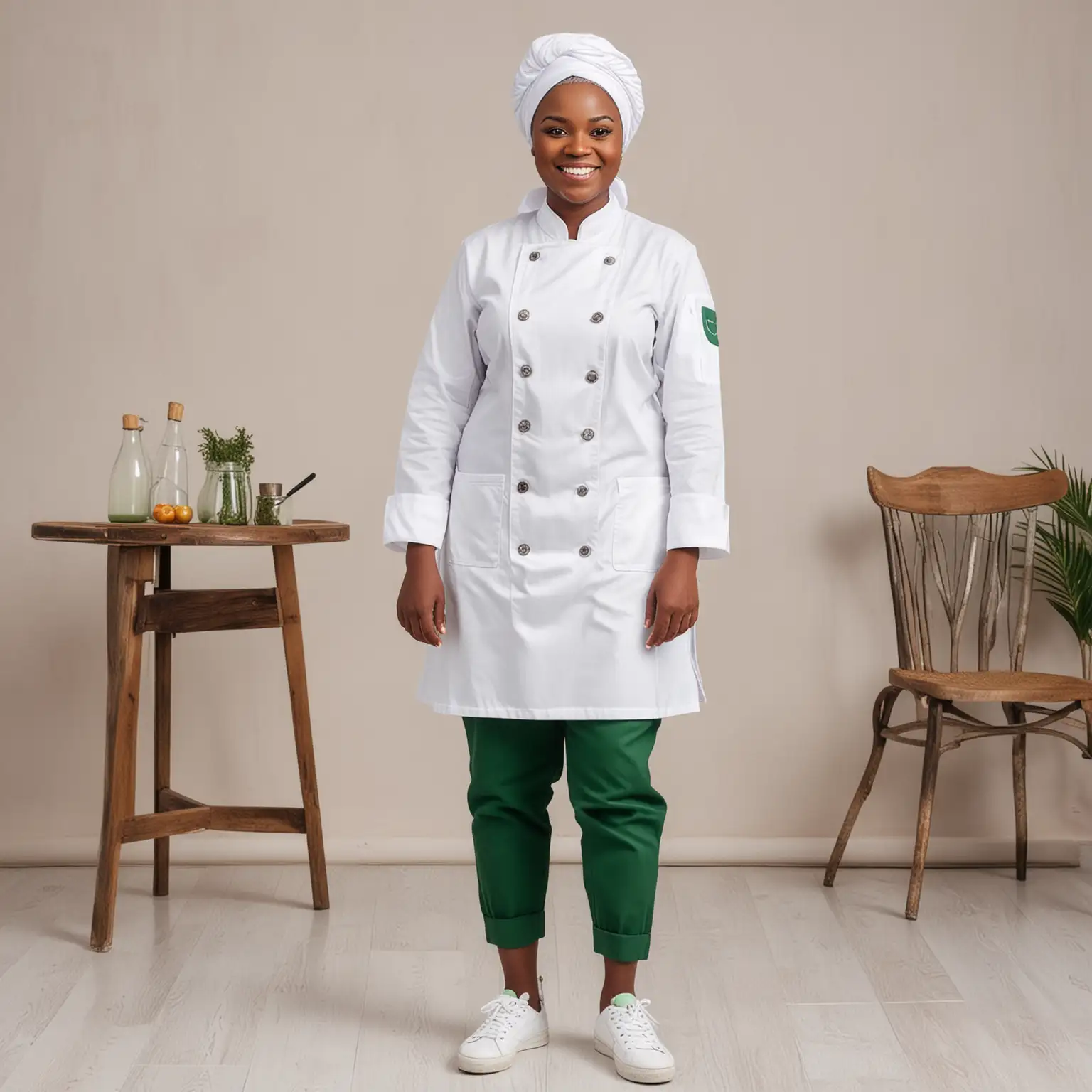 Joyful African Female Chef in Clean Green Uniform