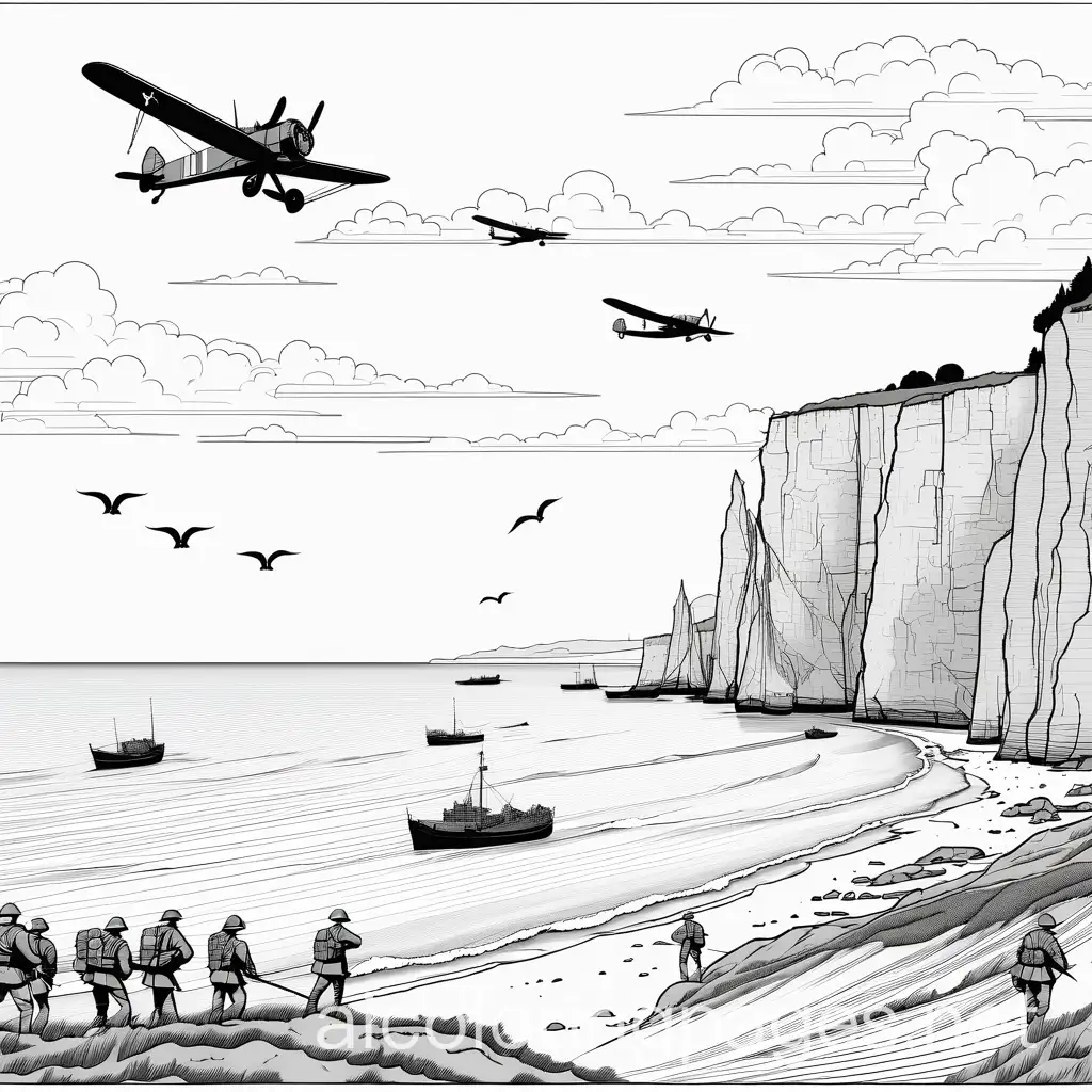 A scene featuring the Normandy beach with landing crafts and soldiers approaching the shore, depicted with historical accuracy. Soldiers in uniform helping each other, highlighting camaraderie and bravery. A background with cliffs and historical landmarks such as Pointe du Hoc. In the sky, a few planes flying with paratroopers descending. A banner at the top that reads 'D-Day: June 6, 1944' in a classic font. Borders decorated with poppies and crosses to signify remembrance and honor. Coloring Page, black and white, line art, white background, Simplicity, Ample White Space. The background of the coloring page is plain white to make it easy for young children to color within the lines. The outlines of all the subjects are easy to distinguish, making it simple for kids to color without too much difficulty