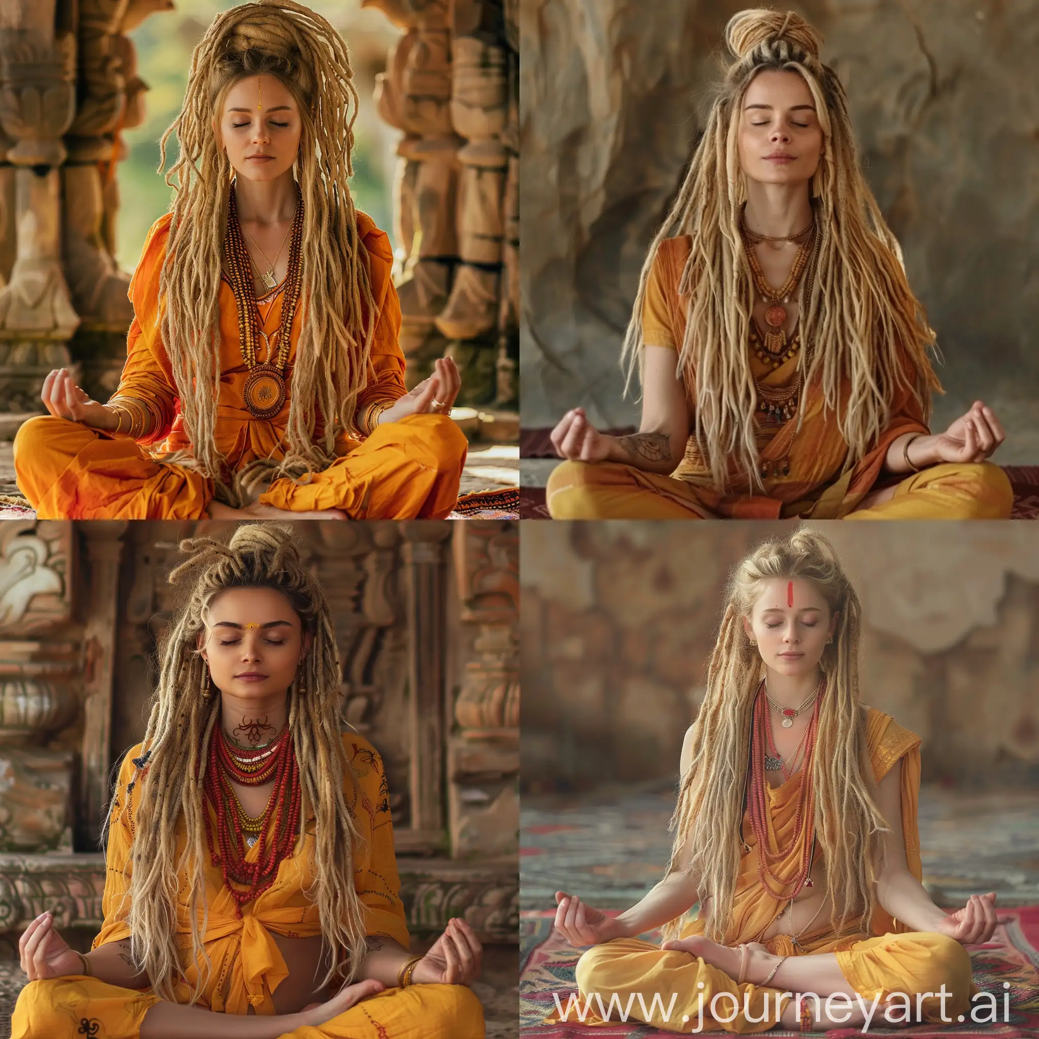 Serene-Meditation-Beautiful-Woman-with-Long-Blonde-Dreadlocks-in-Saffron-Clothes