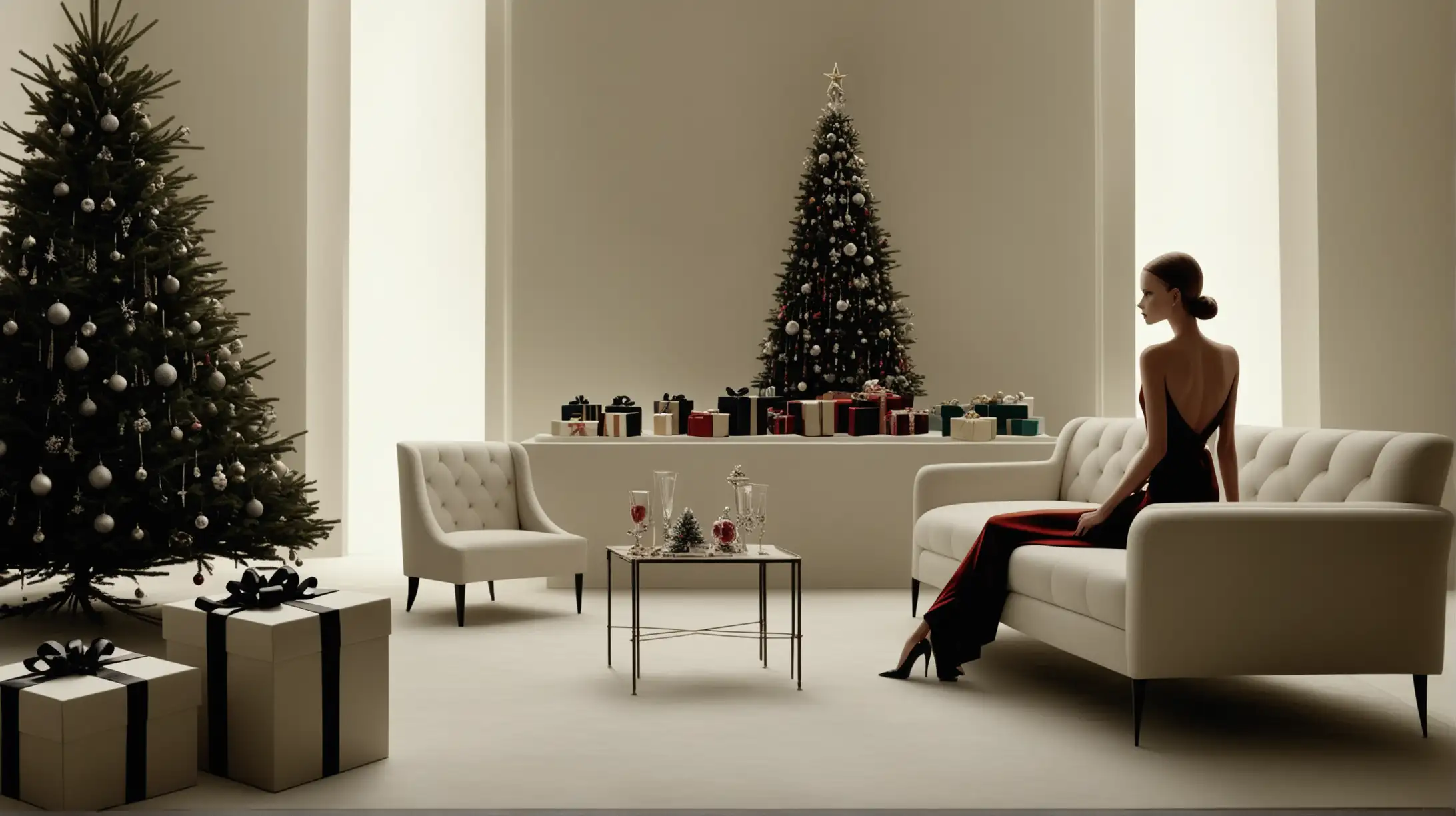 An avant-garde aesthetic with a touch of futuristic minimalism sets the tone for this sleek and chic cinematic wide shot designed for Vogue. The image captures an over-the-shoulder angle from the back of a young model in a stylish outfit, as she sits on a couch in the foreground, as she gazes at the gift placed under one Christmas tree in the background. The room exudes a minimalist boho vibe, infused with an eclectic mix of styles.