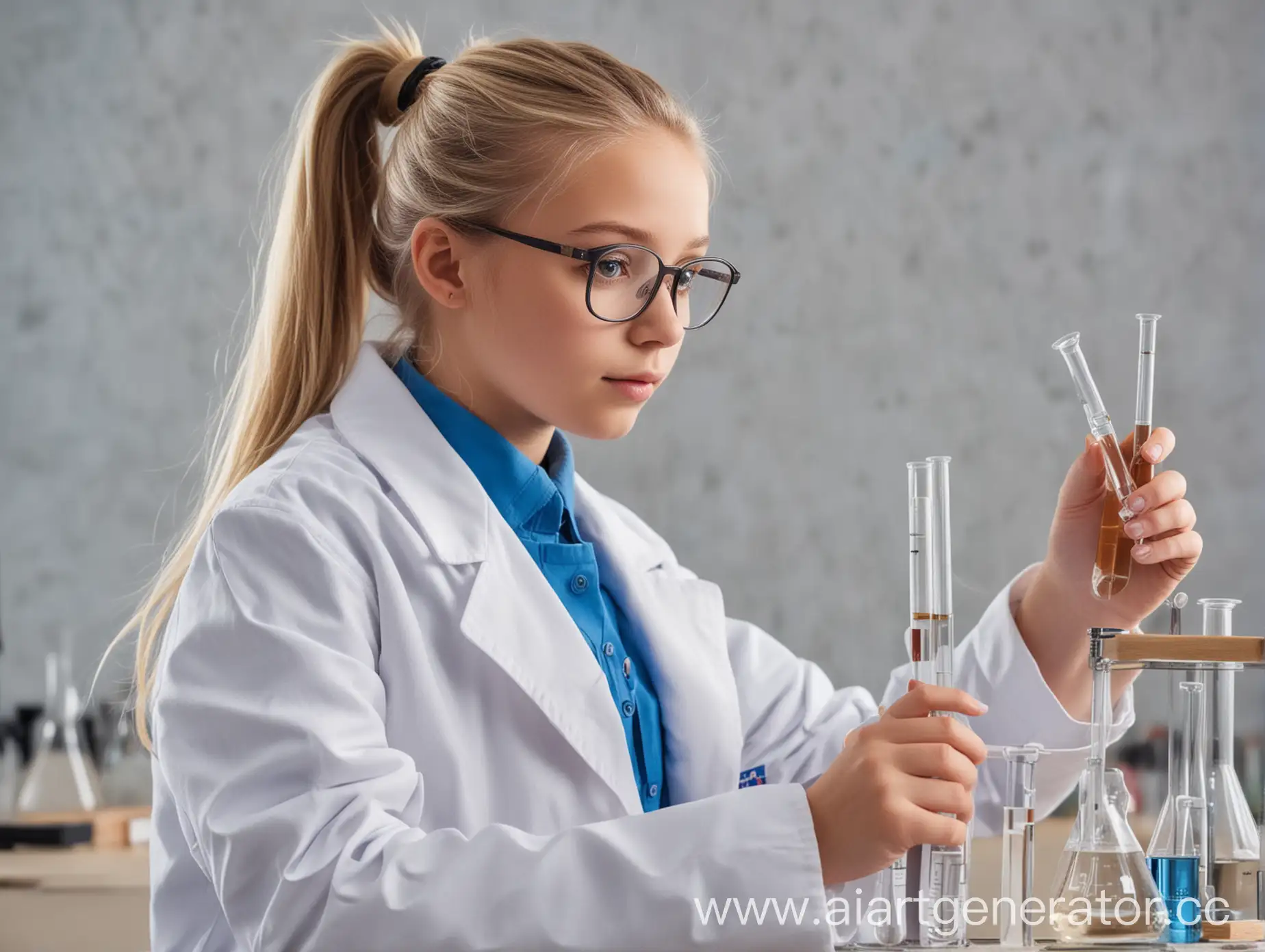 young girl in the classroom, chemistry lesson, white coat, glasses, blonde, ponytail hairstyle, flasks, test tubes, laboratory, blue T-shirt