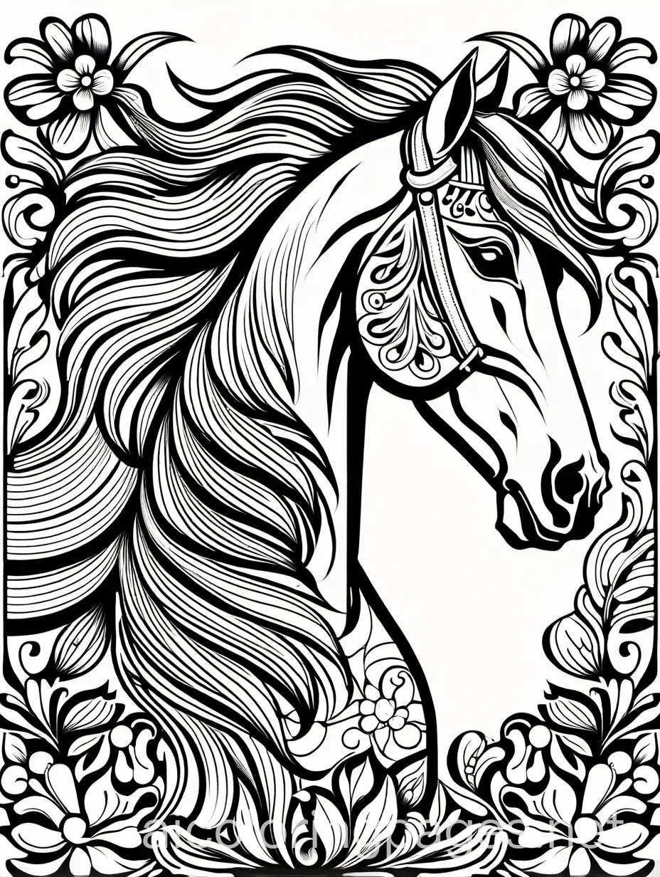 A detailed vector illustration of a majestic horse surrounded by intricate floral elements, designed for a coloring book on a clean white background. The artwork is in black and white to allow for easy coloring, with a focus on outline details to enhance the illustration. The style is elegant and suitable for a coloring book, with attention to graceful lines and curves. This high-quality vector image combines the beauty of horses and flowers in a monochromatic palette, making it a versatile and engaging piece of art. Coloring Page, black and white, line art, white background, Simplicity, Ample White Space. The background of the coloring page is plain white to make it easy for young children to color within the lines. The outlines of all the subjects are easy to distinguish, making it simple for kids to color without too much difficulty