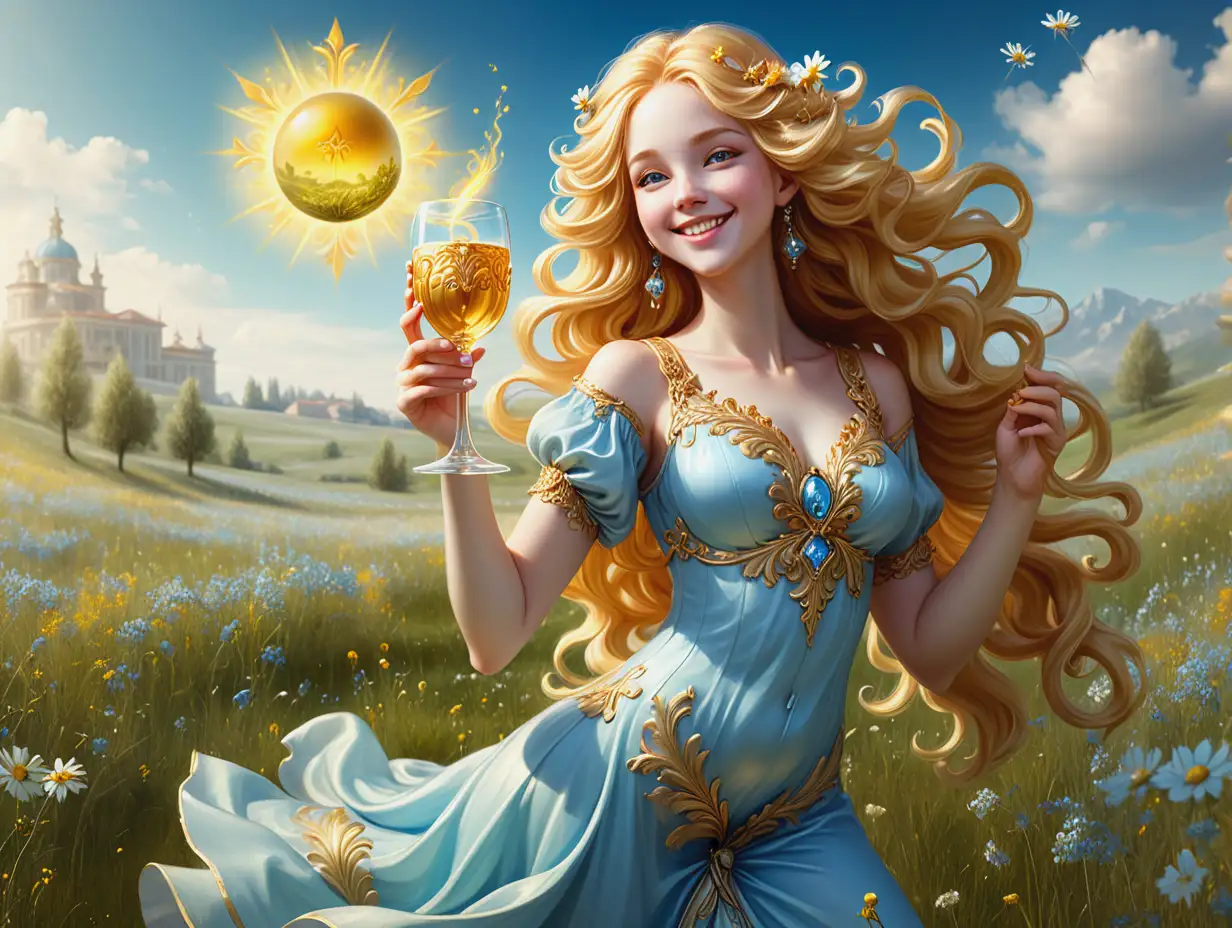 Диенбу - богиня радости загорелая девушка во весь рост с милой улыбкой в лёгком синем платье с пышными золотыми волосами дарит роскошную чашу с лучезарным напитком стоя на цветущем лугу в стиле барокко фэнтази.