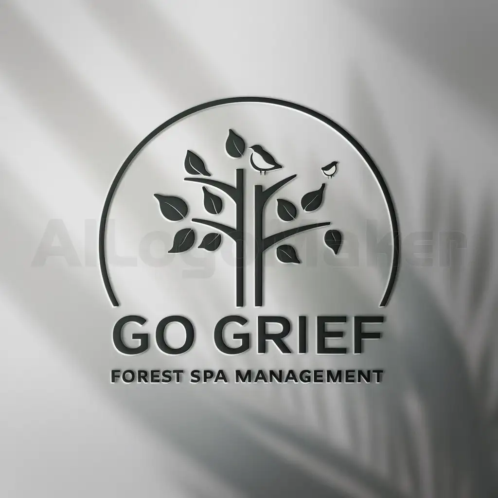 a logo design,with the text "GO GRIEF", main symbol:Please create a logo for my forest spa management business. Make it minimalist in style. The logo should include trees, birds, leaves etc., should be a round figure.,Moderate,clear background