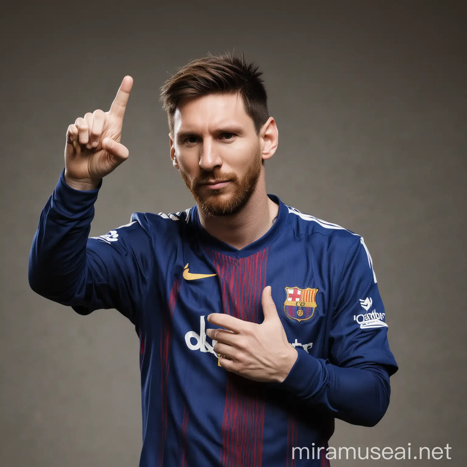 Messi fazendo sinal de L com a mão