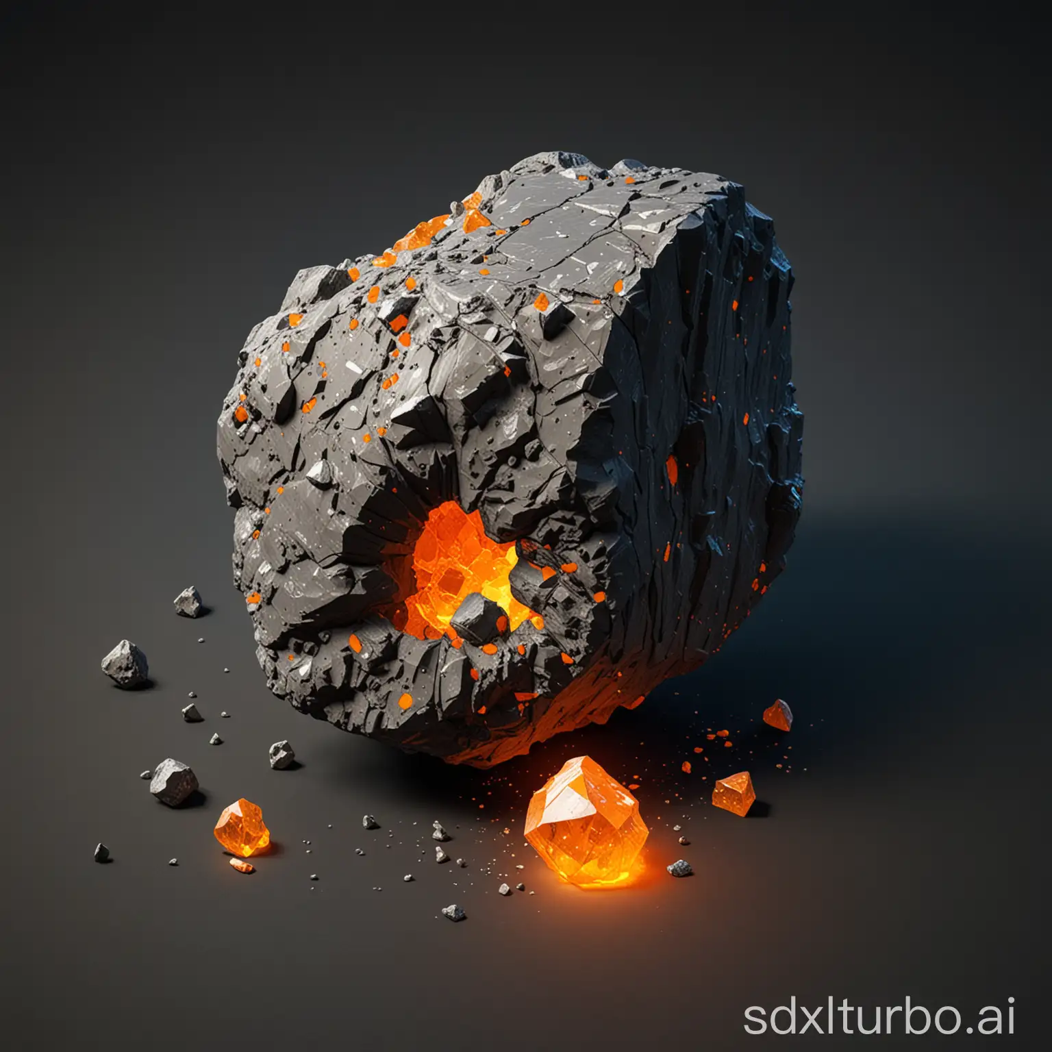a isometric extrem detailed broken asteroid with glowing orange cubic crsytals on surface