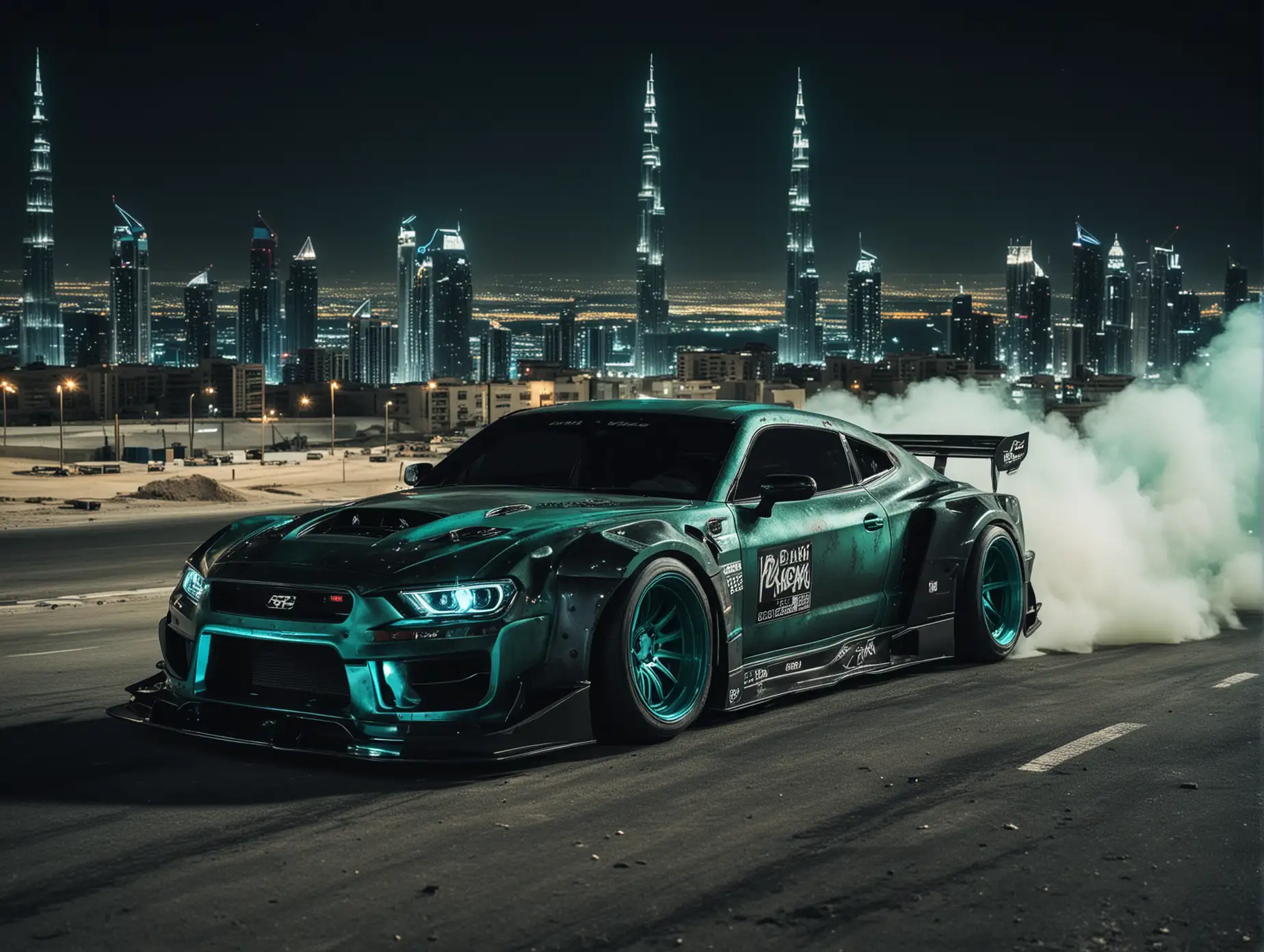 Create creative drifting cars from hulk, evil tuning type, Downhill in the city of dubai drifting at night rear view from high far away,  car color dark carbon black, dark turquoise