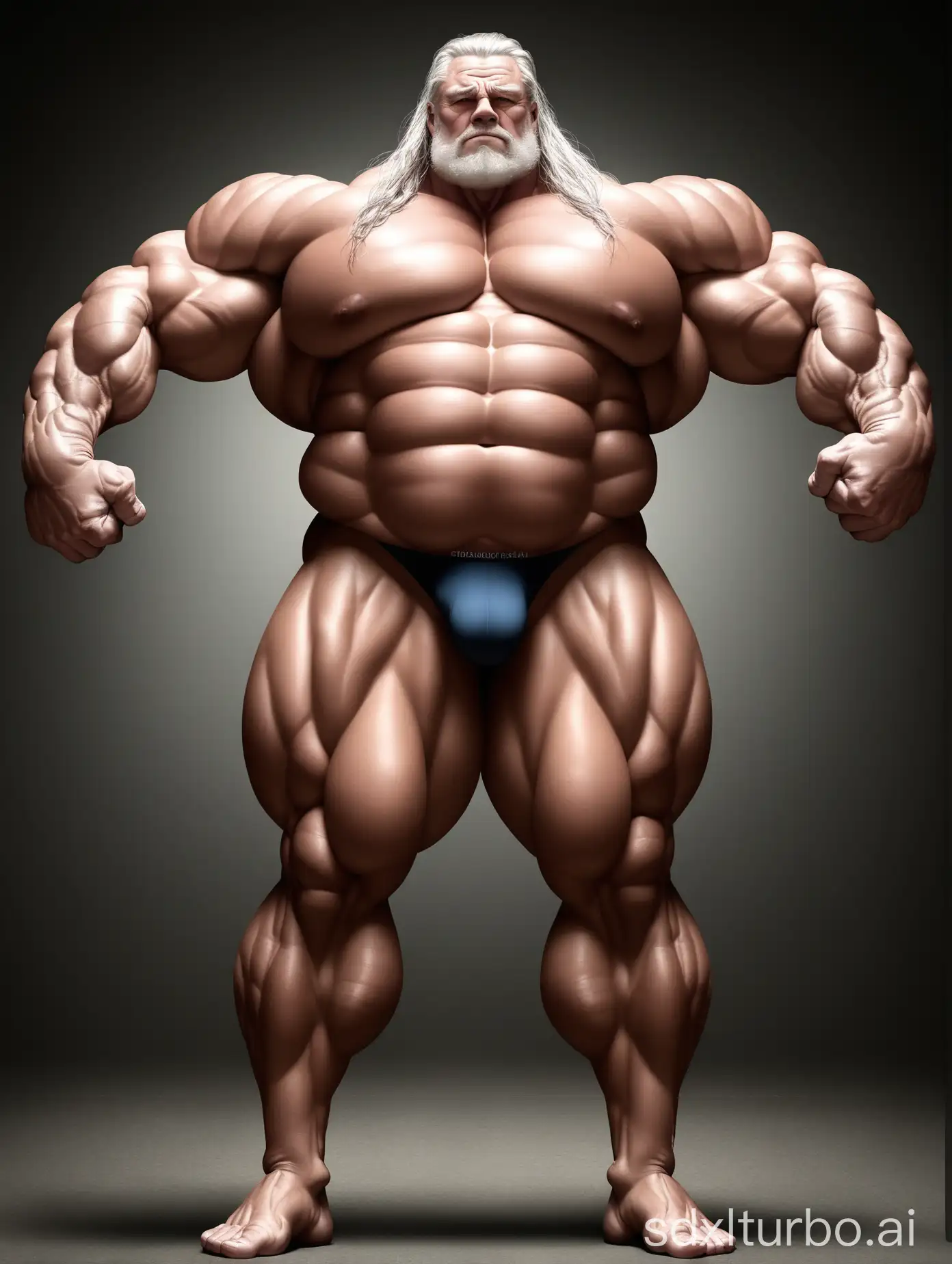 White skin and massive muscle stud，Huge and giant and Strong body，Very strong legs， 2m tall，very Big Chest，very Big biceps，very 8-pack abs，Very Massive muscle Body，Wearing underwear，he is giant tall，very fat，very fat，Full Body，very long strong legs， raise his arms to show his huge biceps ，raise his arms to show his huge biceps，very old man，long hair，very thick muscles，very thick body，