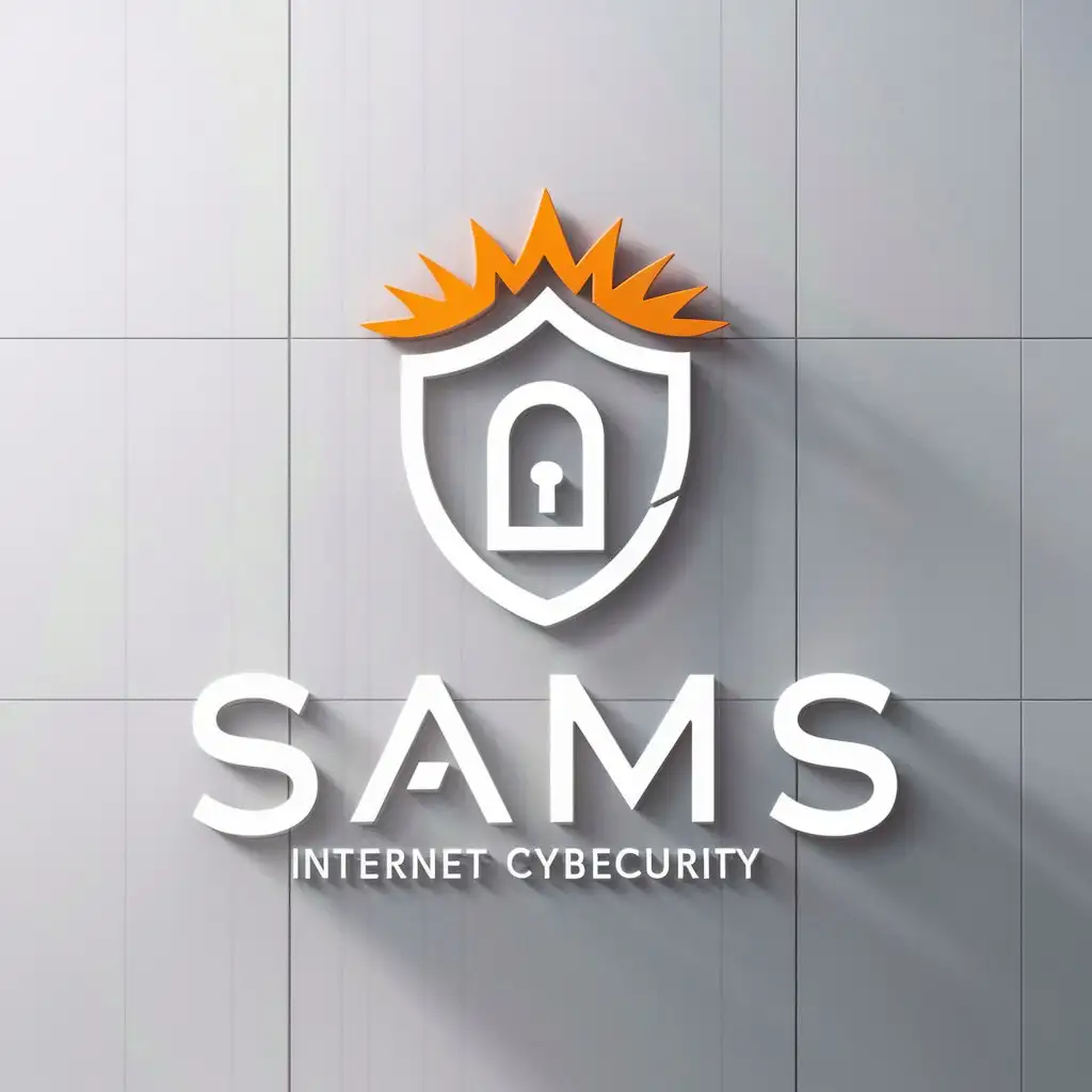 a logo design,with the text "SAMS", main symbol:a protective shield for cybersecurity which has orange spiky hair on top and a lock in the middle,Minimalistic,be used in Internet industry,clear background