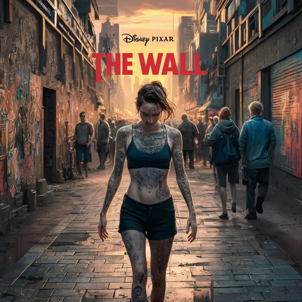 Disney Pixar poster of an animated movie named "THE WALL" with a depressed woman with tattoos walking in a city
