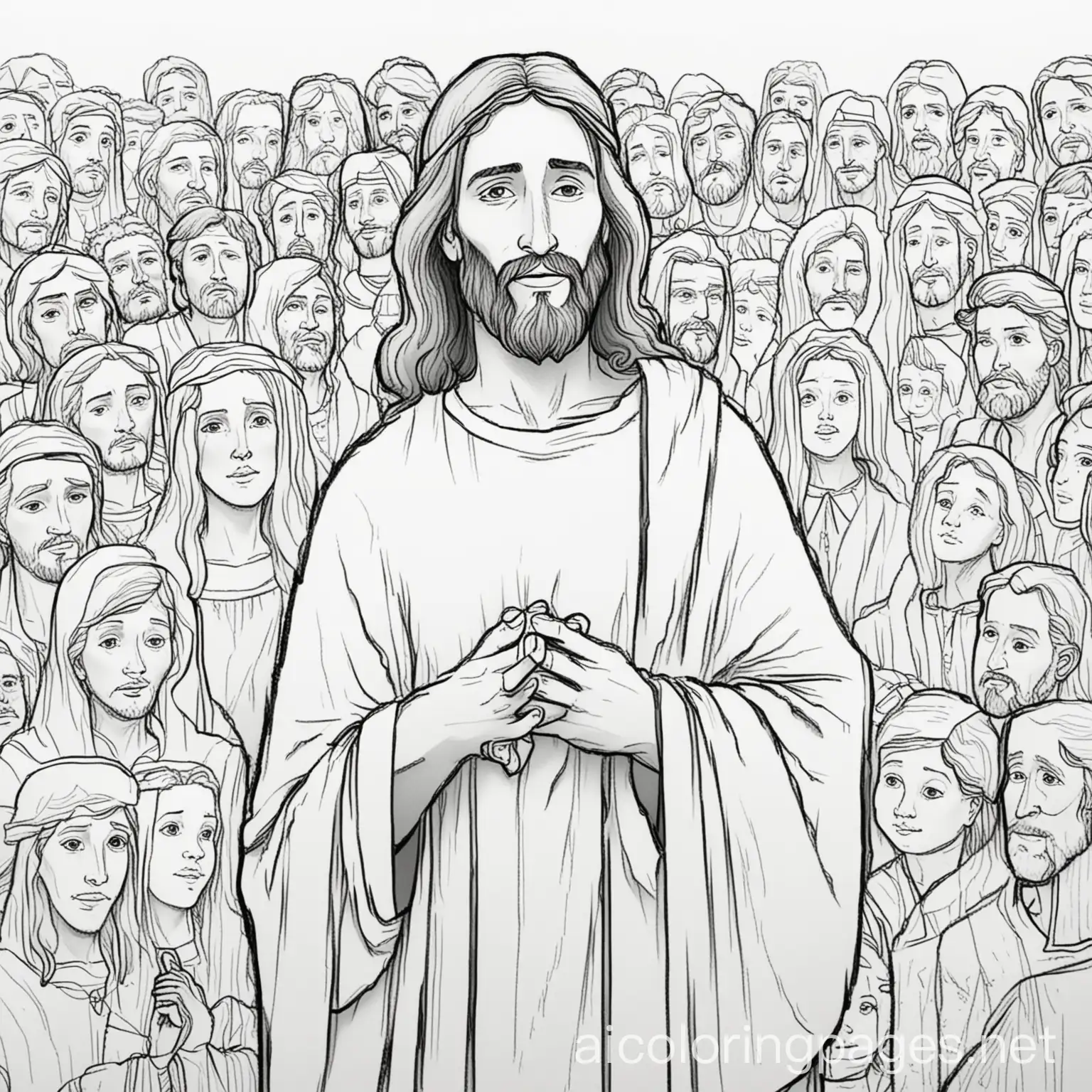Jesus christ among the people, Coloring Page, black and white, line art, white background, Simplicity, Ample White Space. The background of the coloring page is plain white to make it easy for young children to color within the lines. The outlines of all the subjects are easy to distinguish, making it simple for kids to color without too much difficulty