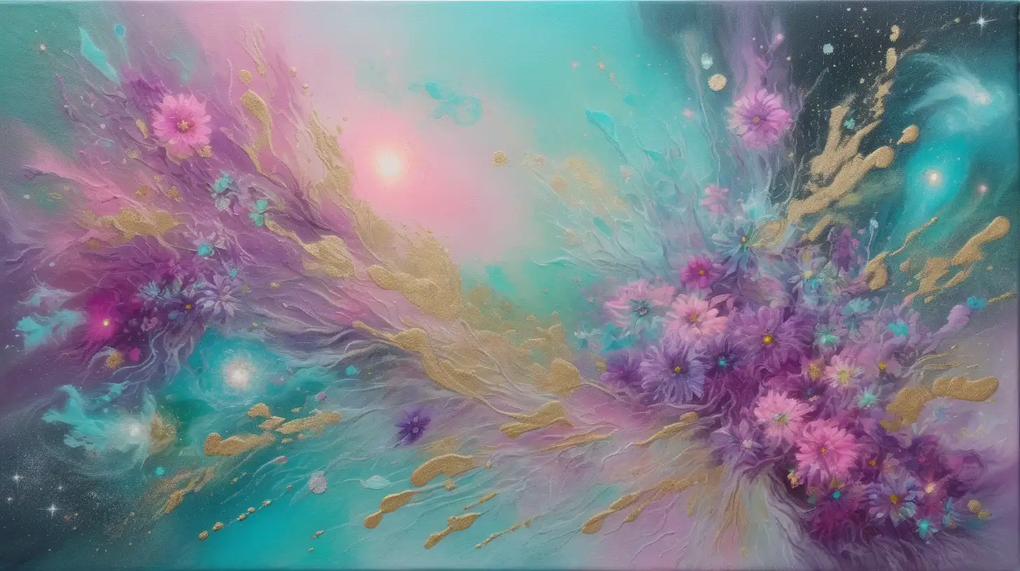 textured oil painting of abstract art of florescent colors soft-pink and purpler and green in silver dust and and golden dust and turquoise dust and a magical soft-pink and skyblue glow with luminescent magenta flowers among light-green galaxies