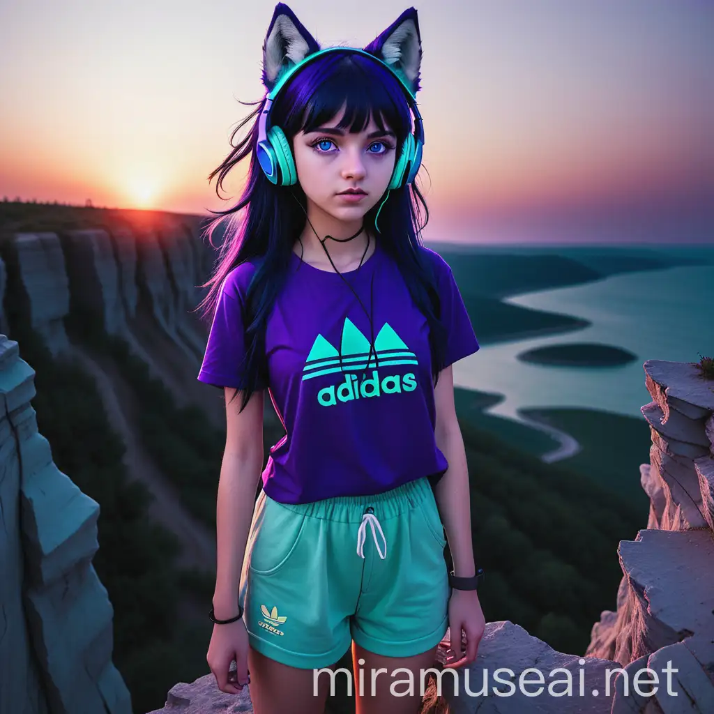 Teen Girl with Wolf Ears Watching Sunset on Cliff