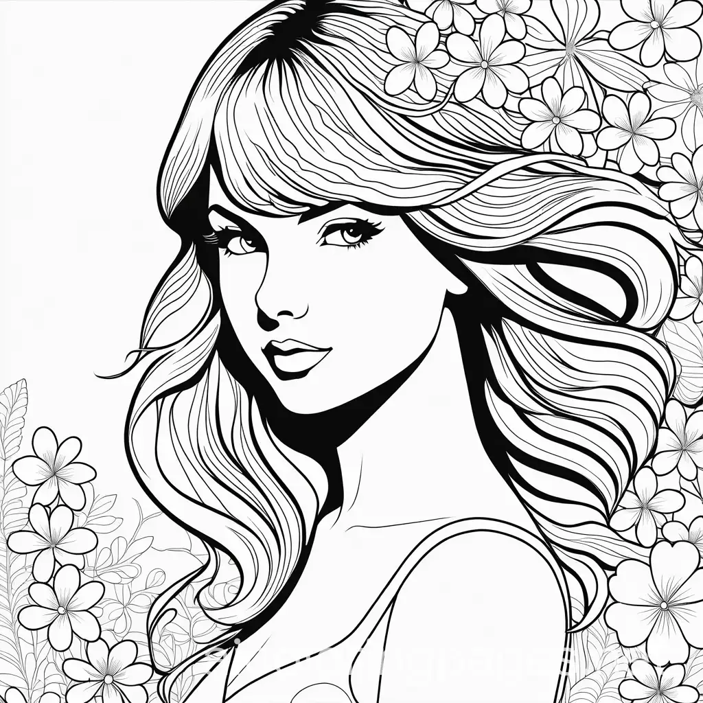 Taylor swift surrounded by flowers, Coloring Page, black and white, line art, white background, Simplicity, Ample White Space.