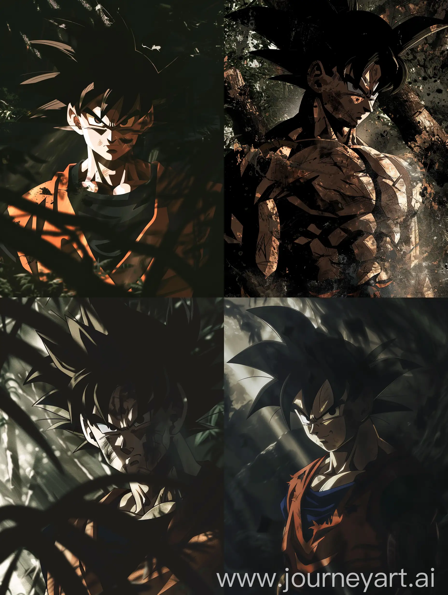 Depict Goku shrouded in shadows, with light highlighting only parts of his face and body. He could be in a battle stance, with a serious and determined expression, while the environment around him is obscured, conveying an atmosphere of suspense and tension.