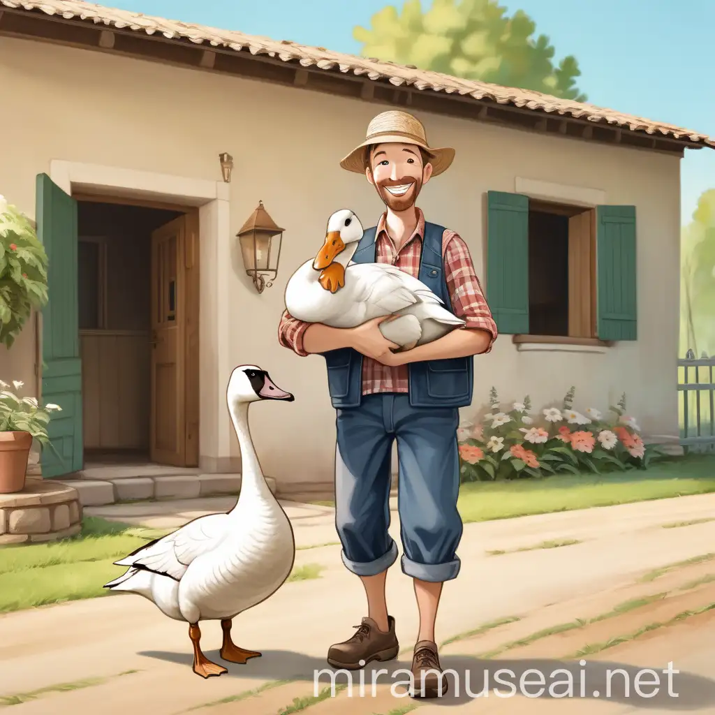 A farmer in simple clothes brought a goose to his house, looking happy and full of hope.