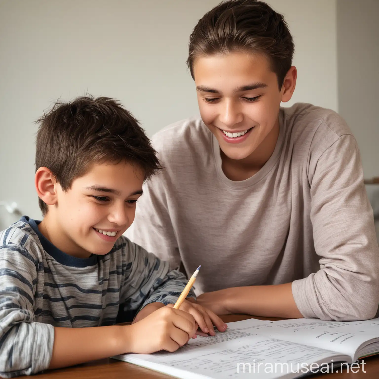 A small child sitting near a teenager and helping him to do his homework, the age of the teenager is 16 years old, they are smiling

