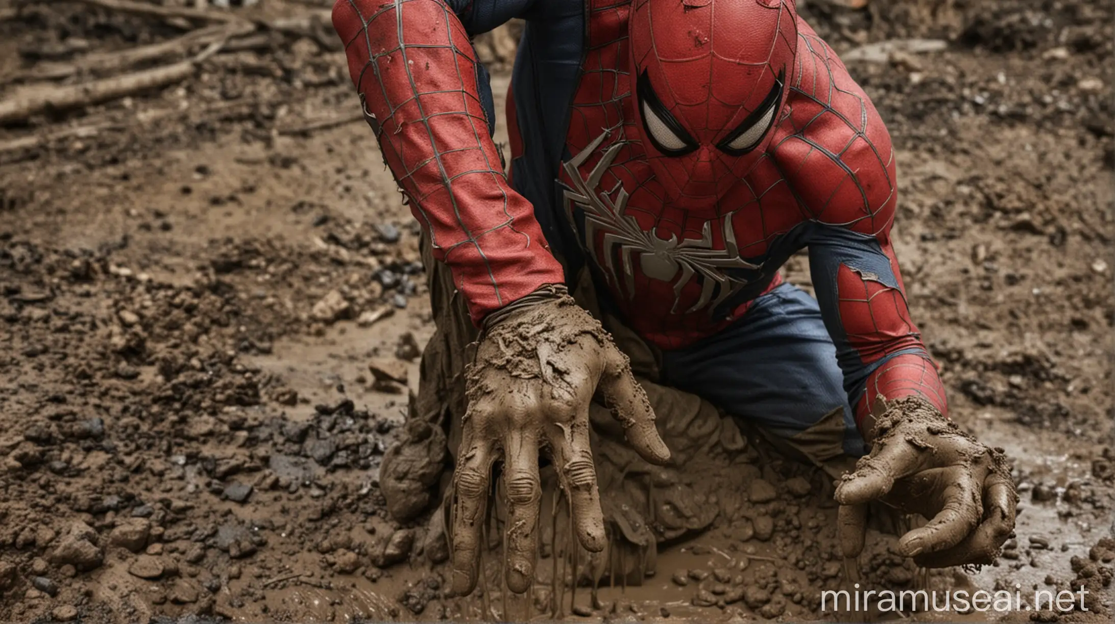 SpiderMan Costume Covered in Mud Being Dug Up