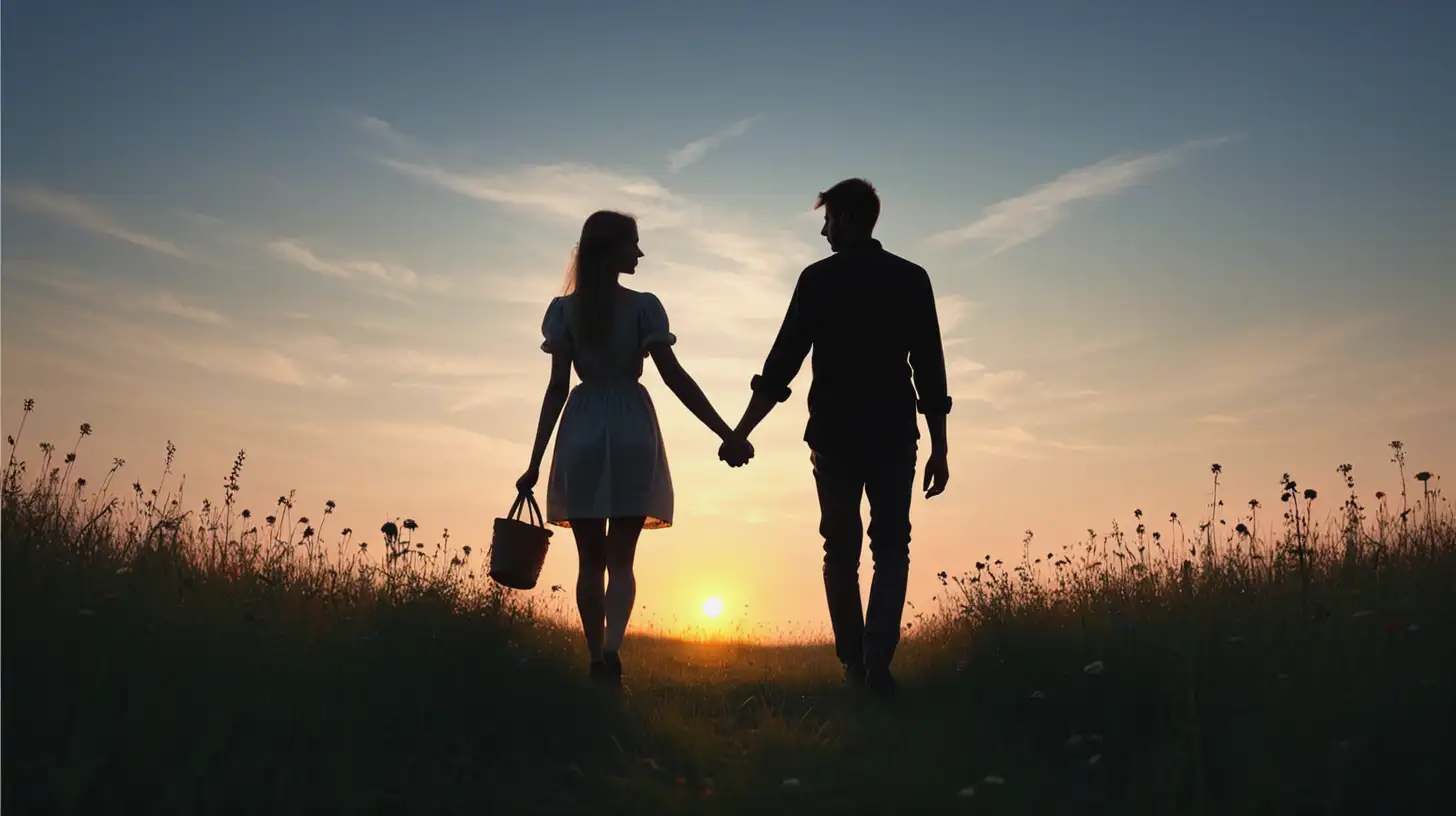 Silhouette. Central European man and Central European woman walk hand in hand. Summer meadow. Sunset, twilight