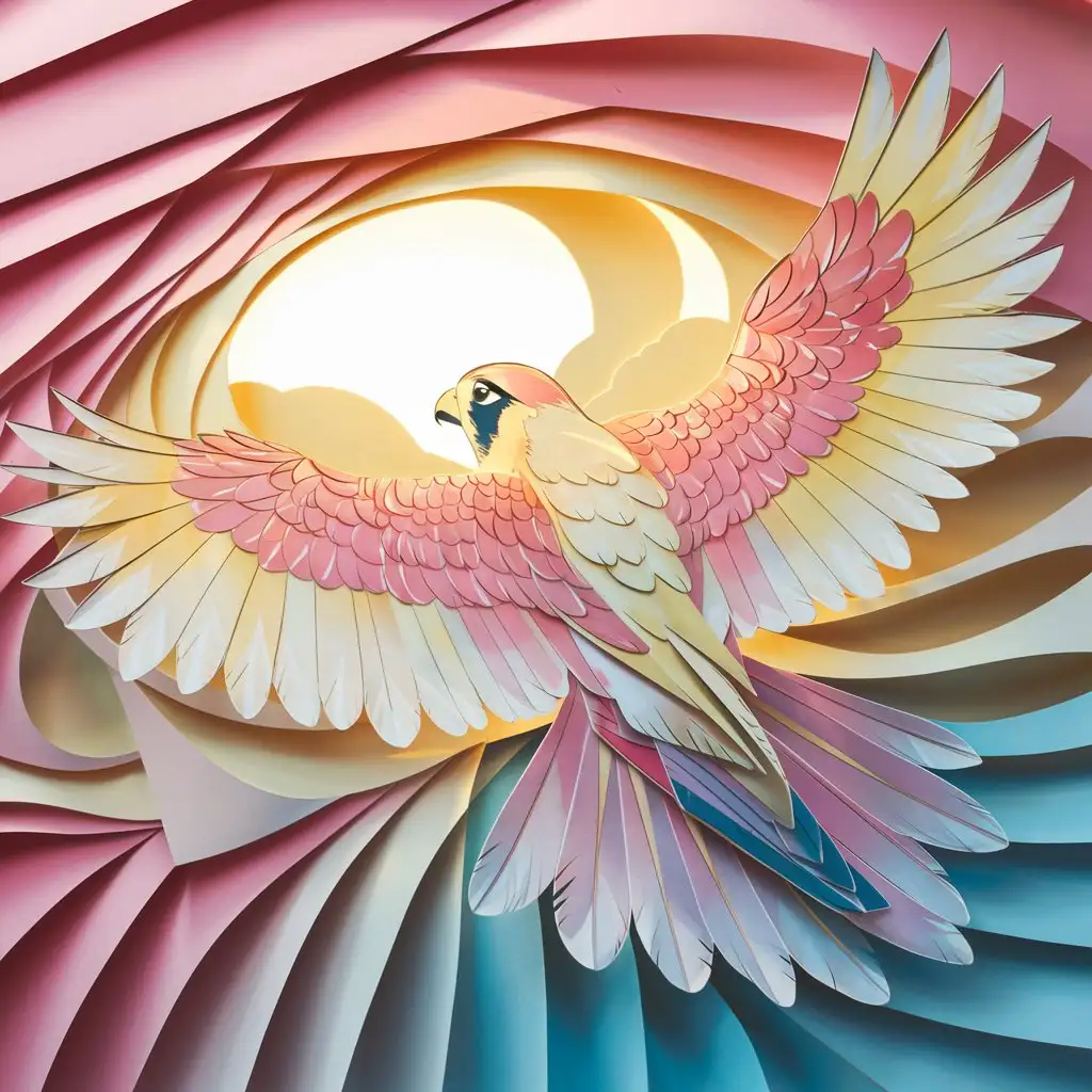 . laser cut paper illustration, layered paper высокая детализация цветная бумага красивые пастельные цвета  ястреб птица летящая вид сзади  