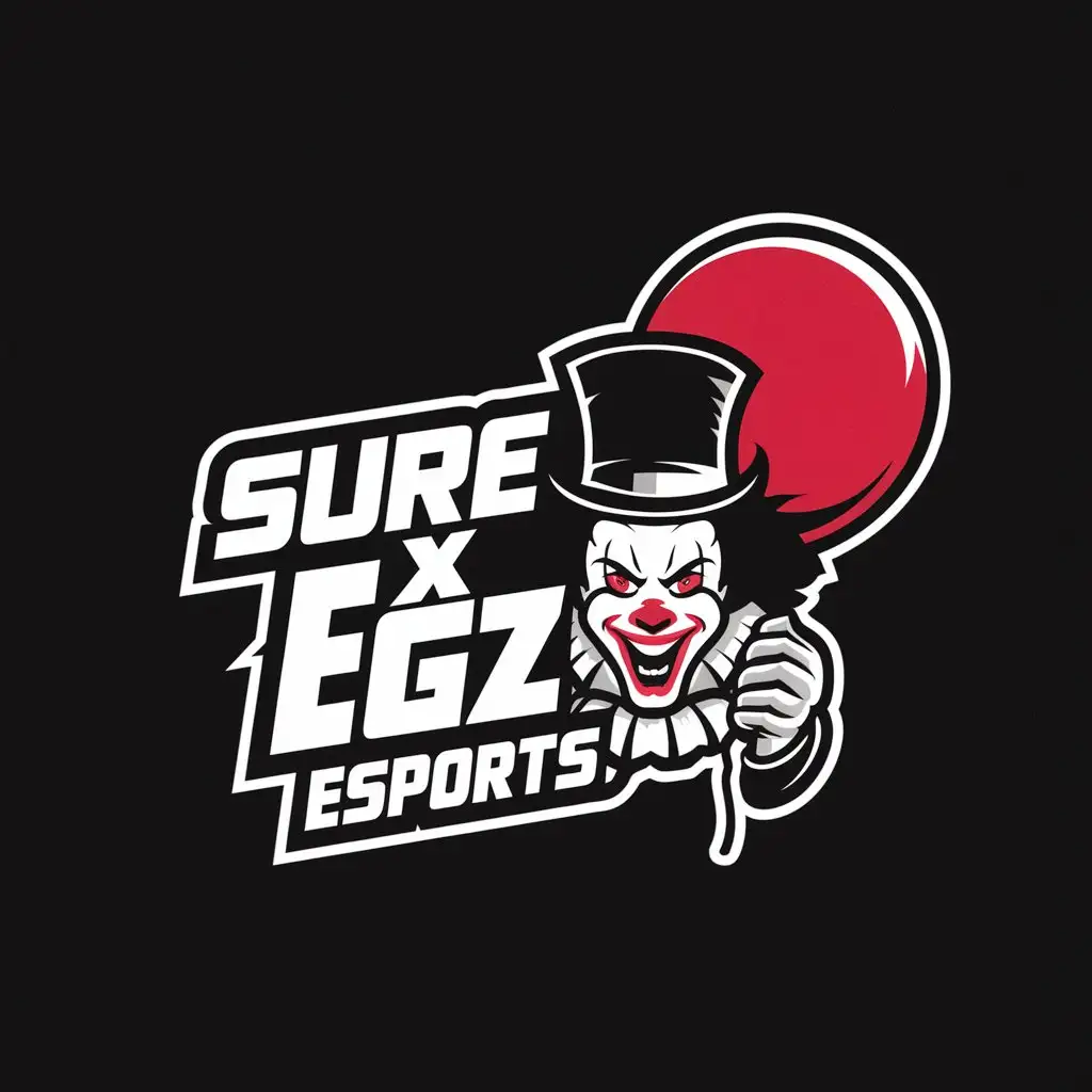 a logo design,with the text "Sure x EGZ Esports", main symbol:SURE and Evil clown with plain black bacground,Moderate,be used in Real Estate industry,clear background