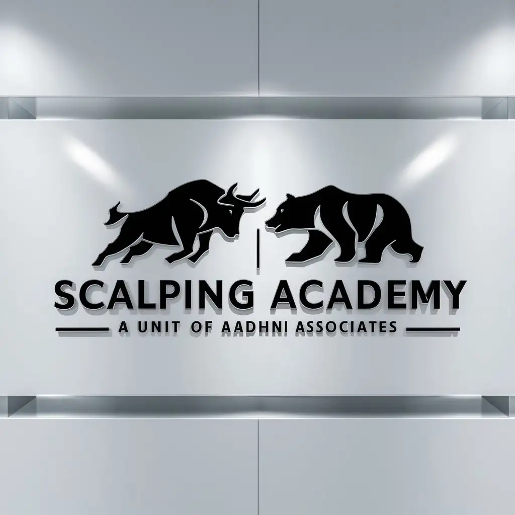 a logo design,with the text "Scalping Academy A Unit of Aadhini Associates", main symbol:Bull vs Bear,Minimalistic,clear background