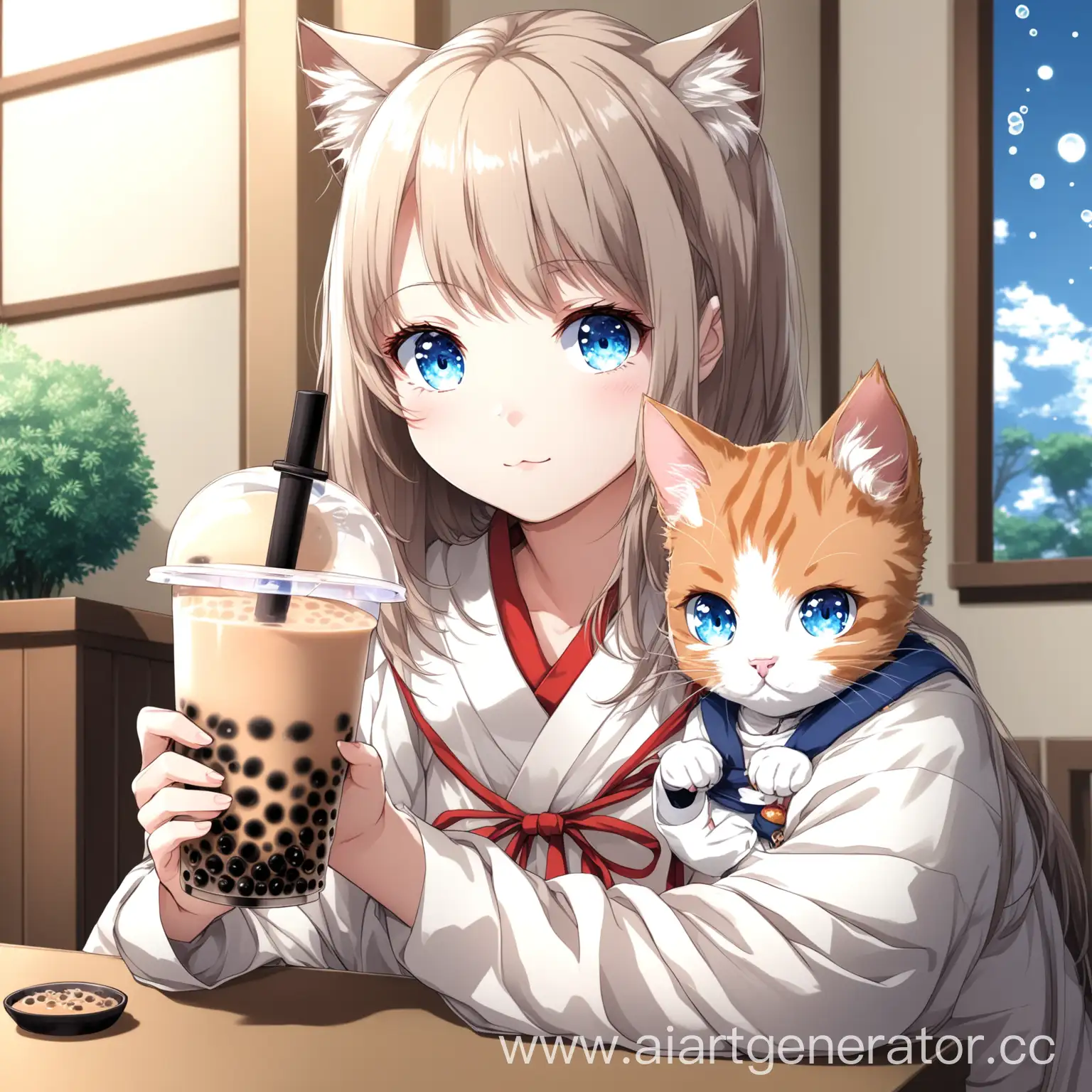 Sweet-Girl-Enjoying-Bubble-Tea-with-Cute-Kitten-in-Japanese-Anime-Style