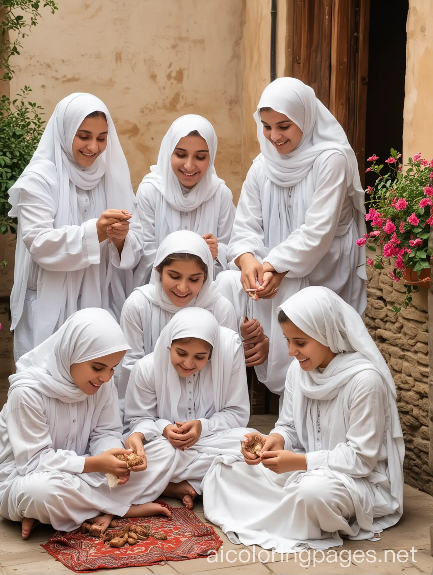 The picture depicts a group of veiled girls sitting in the courtyard of a house on Eid day. The atmosphere is full of happiness and joy as they clean the lamb and cut the meat. They seem to be working together in harmony and cooperation, surrounded by the spirit of the holiday and its warm atmosphere. The background may be full of decorations that express the joy of celebration, and the bright colors reflect the general joy of this special day. , Coloring Page, black and white, line art, white background, Simplicity, Ample White Space. The background of the coloring page is plain white to make it easy for young children to color within the lines. The outlines of all the subjects are easy to distinguish, making it simple for kids to color without too much difficulty