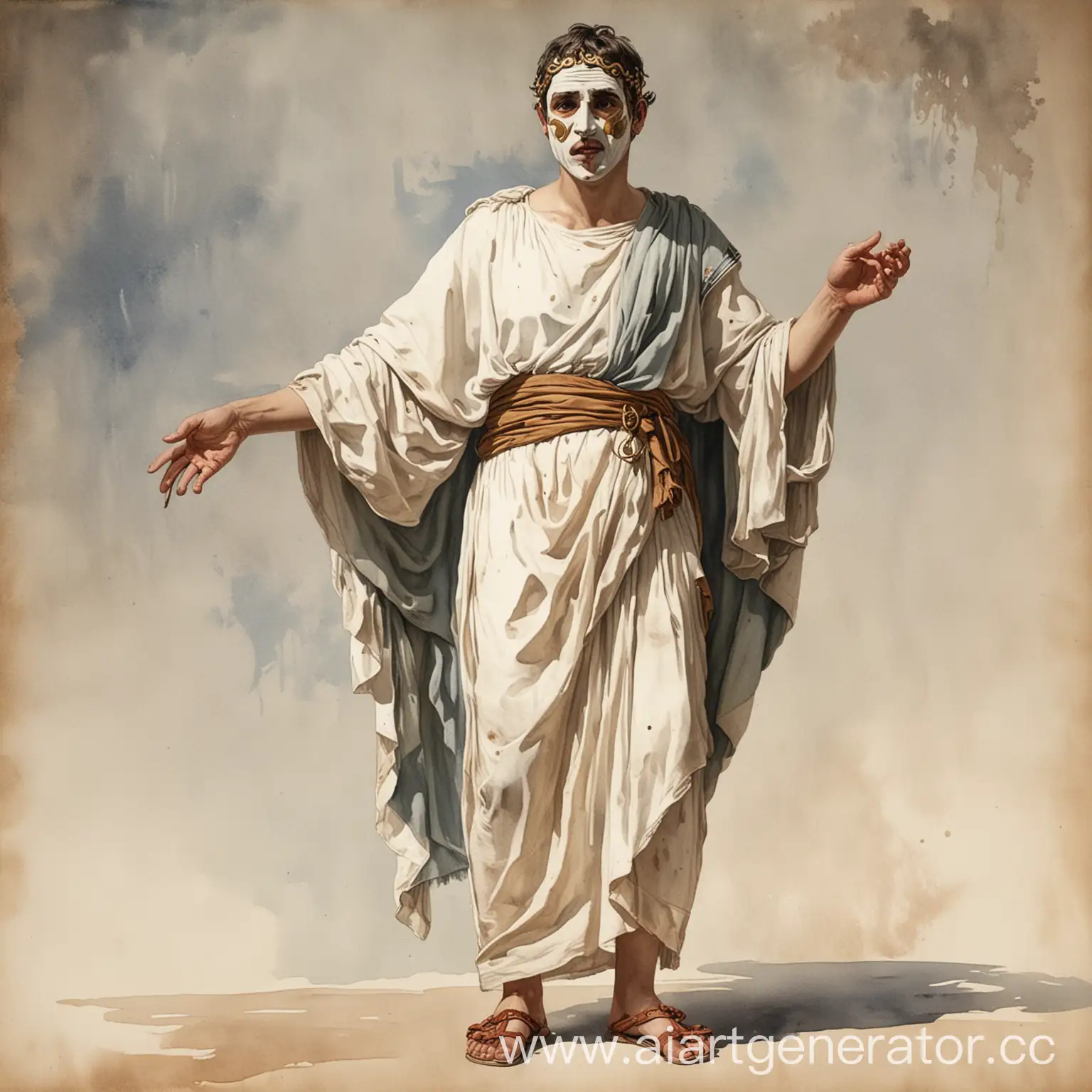 древний грек одет в тогу. в полный рост. техника акварель. в левой руке маска трагедии, в правой руке маска комедии. на ногах одеты котурны, голова поднята вверх